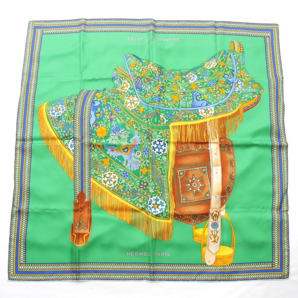 HERMES silk Carre 90 SELLE DES STEPPES scarf Emerald x Jaune d'Or x Blue