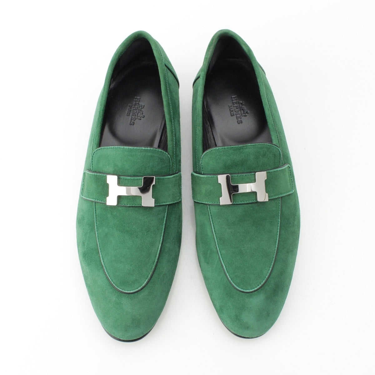 HERMES Paris Moccasin Suede Flat Shoes Silver Metal loafers green 39