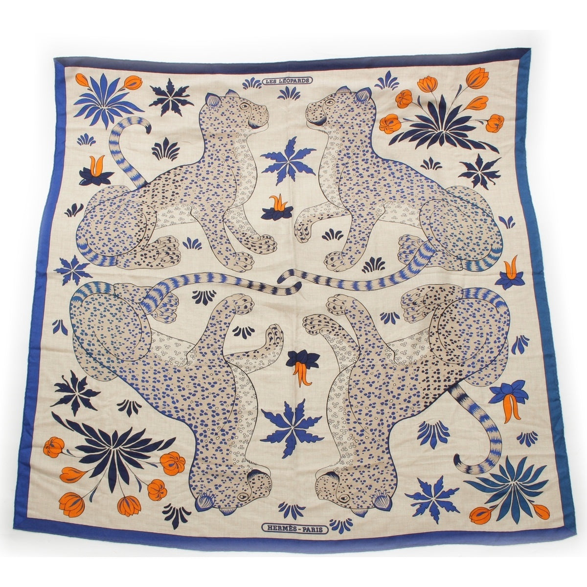 HERMES cashmere silk Carre Jean 140 LES LEOPARDS Leopard Print Large Scarf scarf Beige, blue, orange