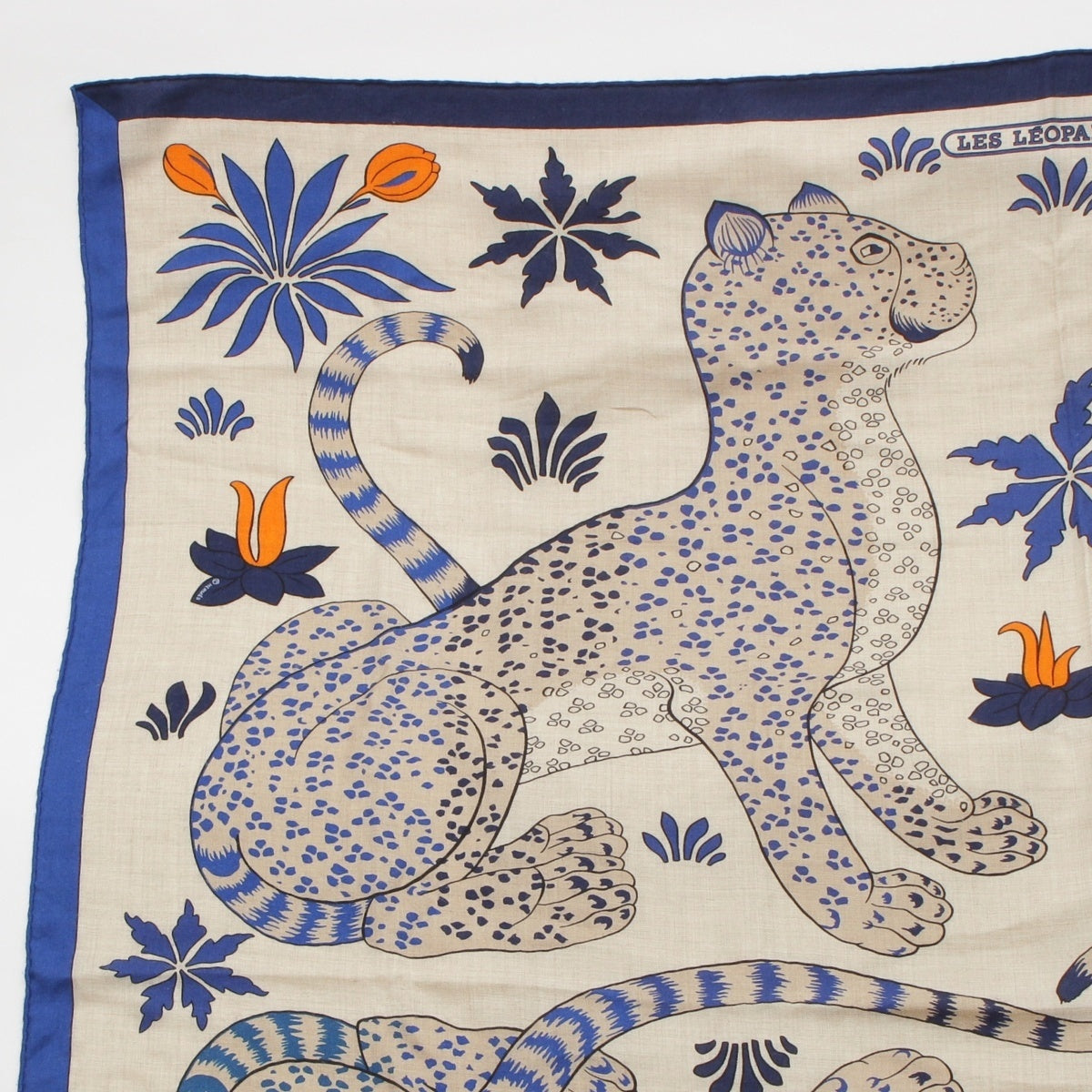HERMES cashmere silk Carre Jean 140 LES LEOPARDS Leopard Print Large Scarf scarf Beige, blue, orange