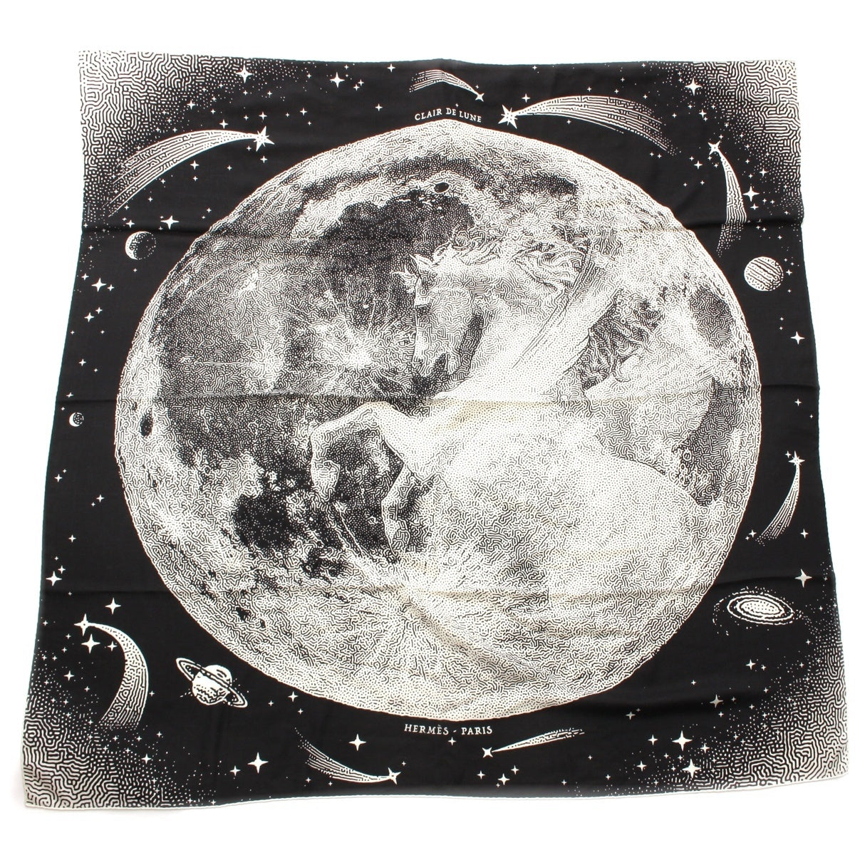 HERMES Caregean cashmere silk CLAIR DE LUNE Stall Black White 140