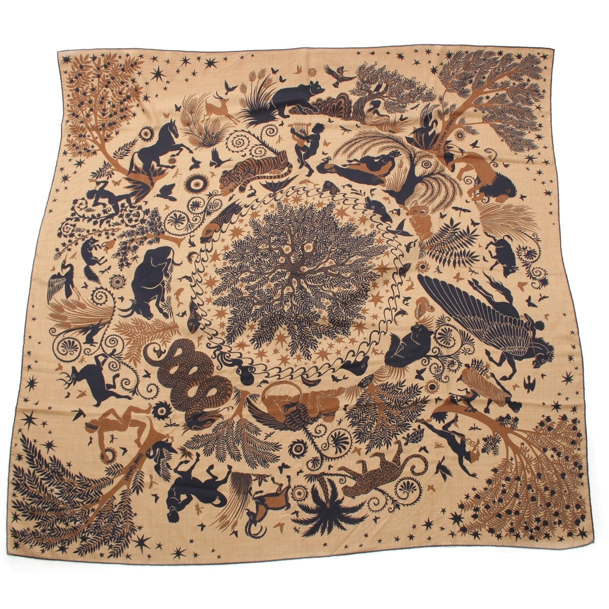 HERMES Caregean cashmere silk Attracted by the charm of Orpheus scarf Brown 140