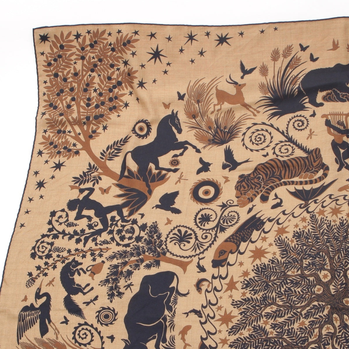 HERMES Caregean cashmere silk Attracted by the charm of Orpheus scarf Brown 140