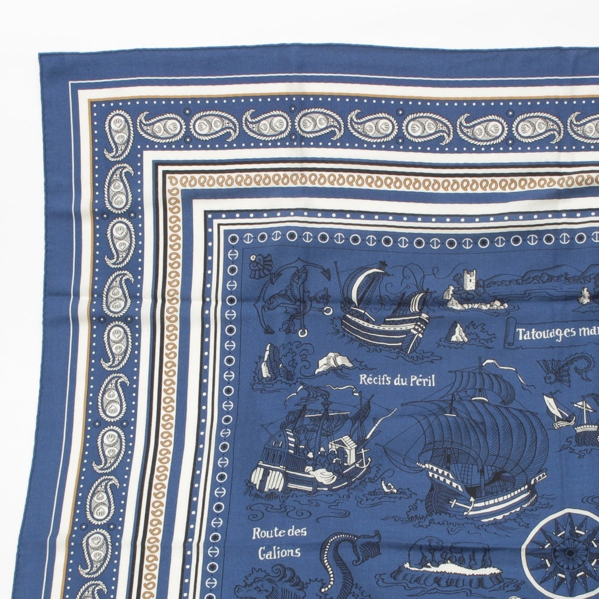 HERMES Caregean cashmere silk 140 Tatouages Marins Bandana Sailor Tattoos Stall blue