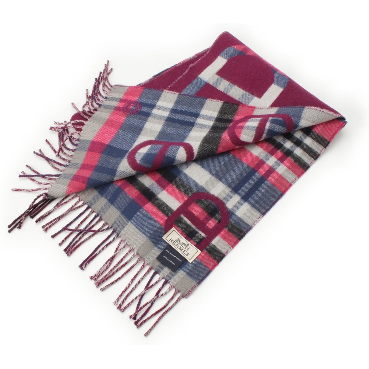 HERMES cashmere Tartan Maillon logo embroidery Scarf purple