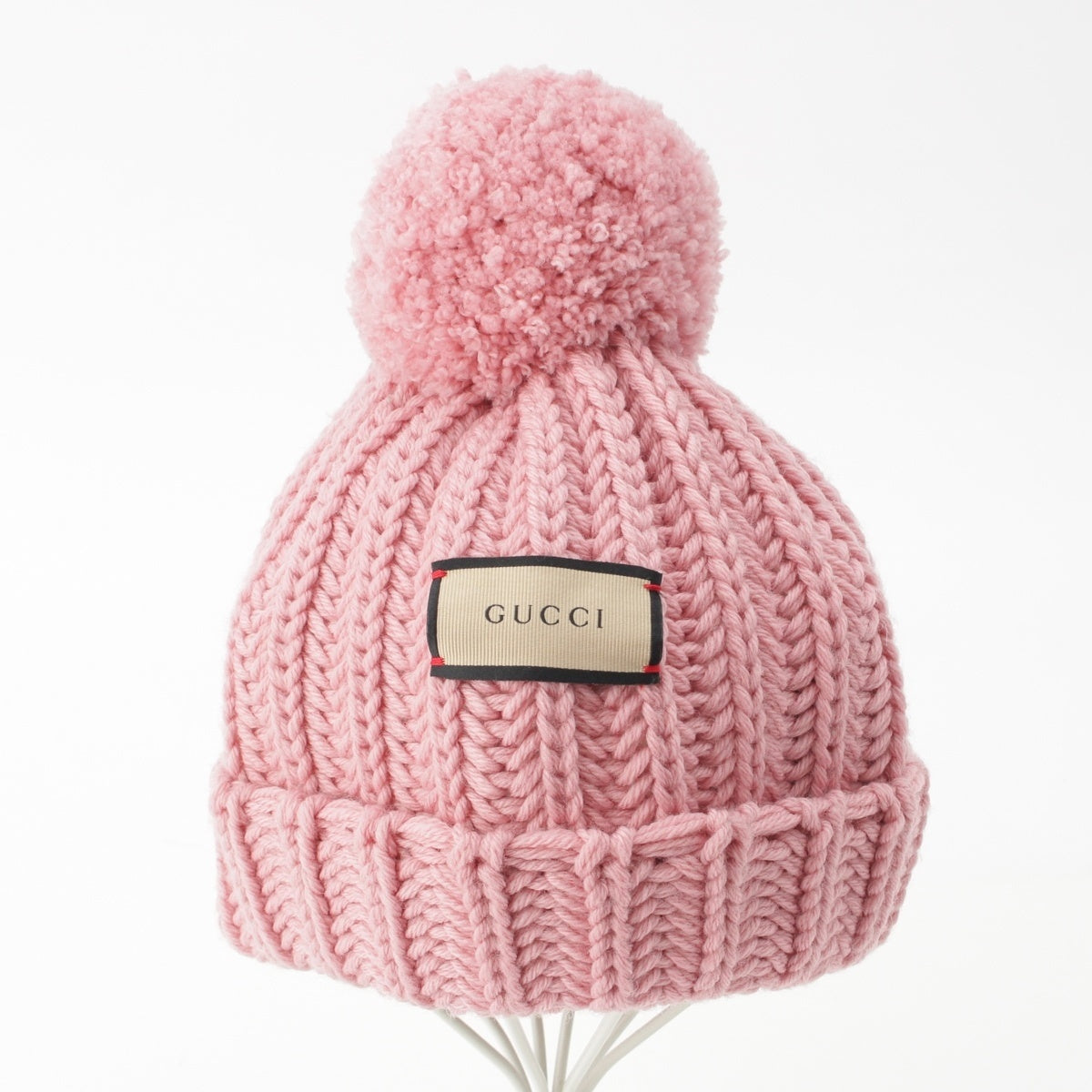 GUCCI wool Logo patch pom-pom knit hat Knit cap hat 652656 pink S