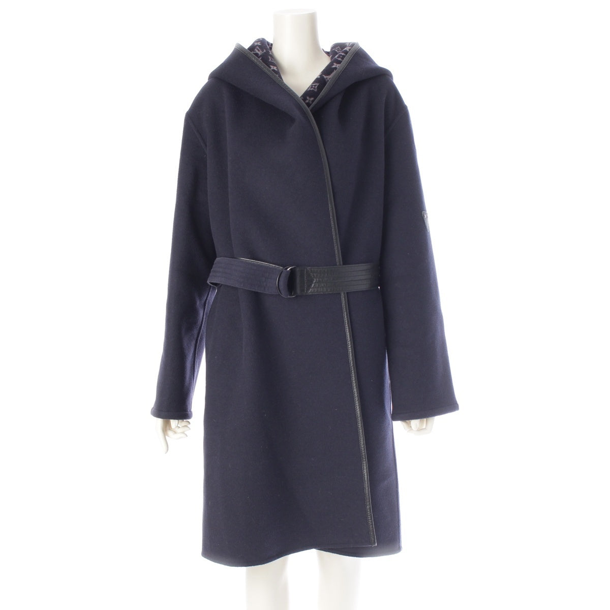 LOUIS VUITTON Wool x silk Monogram Wrap Hooded coat outer FFC022QWE Navy 38