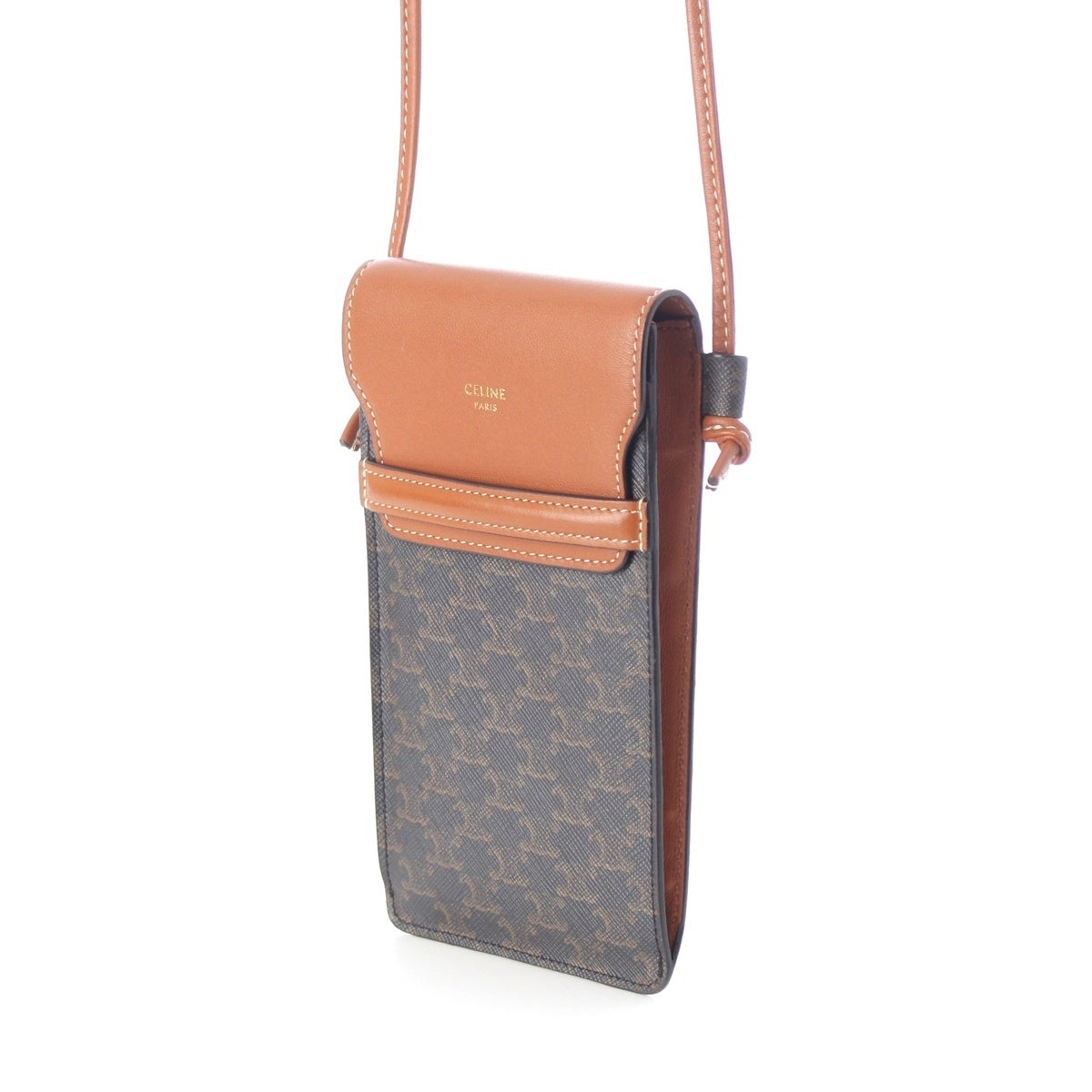 CELINE leather Triomphe Phone Pouch Shoulder Bag Brown