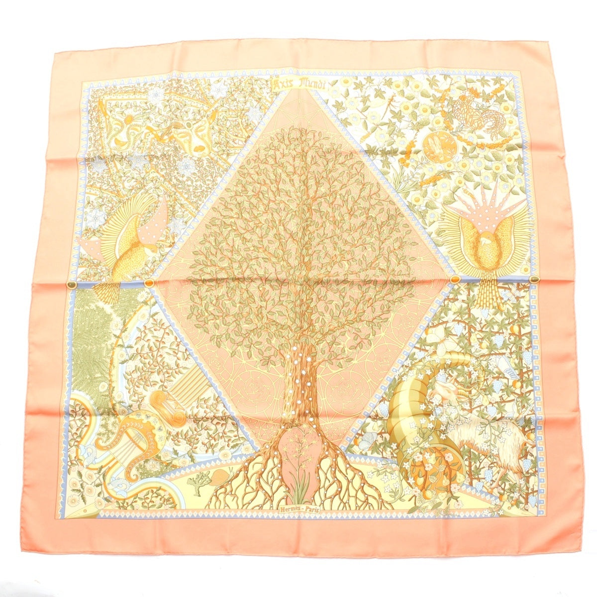 HERMES Calle 90 silk Axis Mundi The central axis of the world scarf Orange
