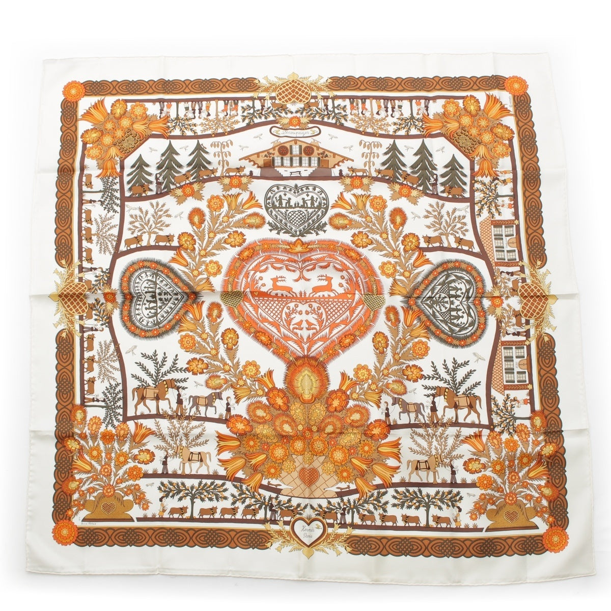 HERMES Calle 90 silk Decoupages Decoupage Paper Cutting scarf White Orange Brown Multicolor