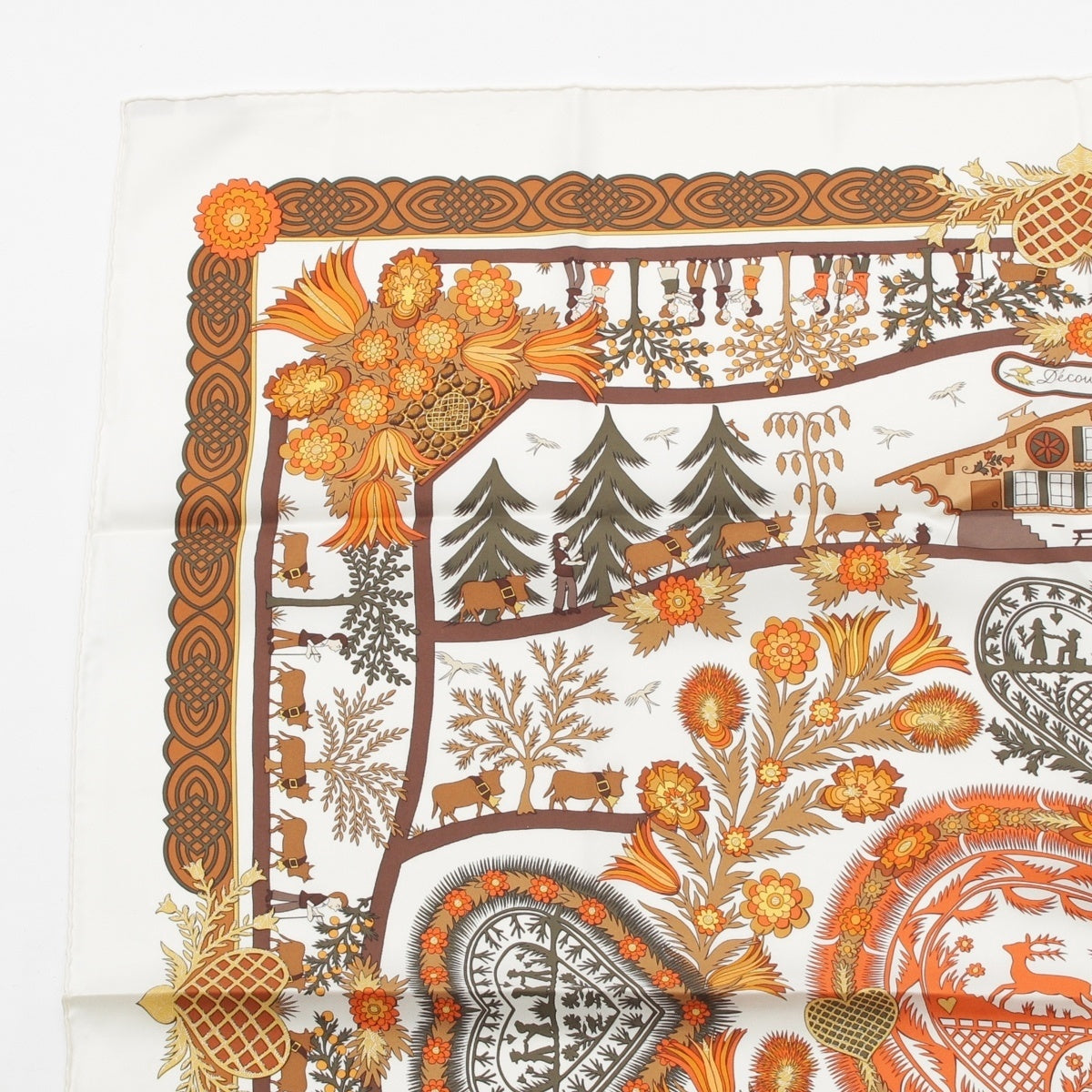 HERMES Calle 90 silk Decoupages Decoupage Paper Cutting scarf White Orange Brown Multicolor