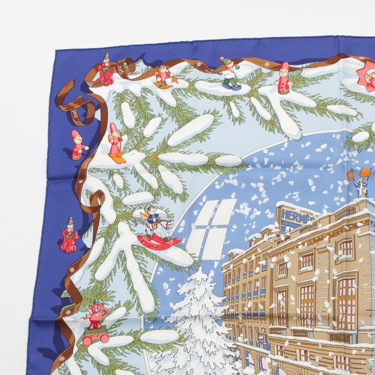 HERMES Calle 90 silk Christmas at 24 Faubourg scarf White blue