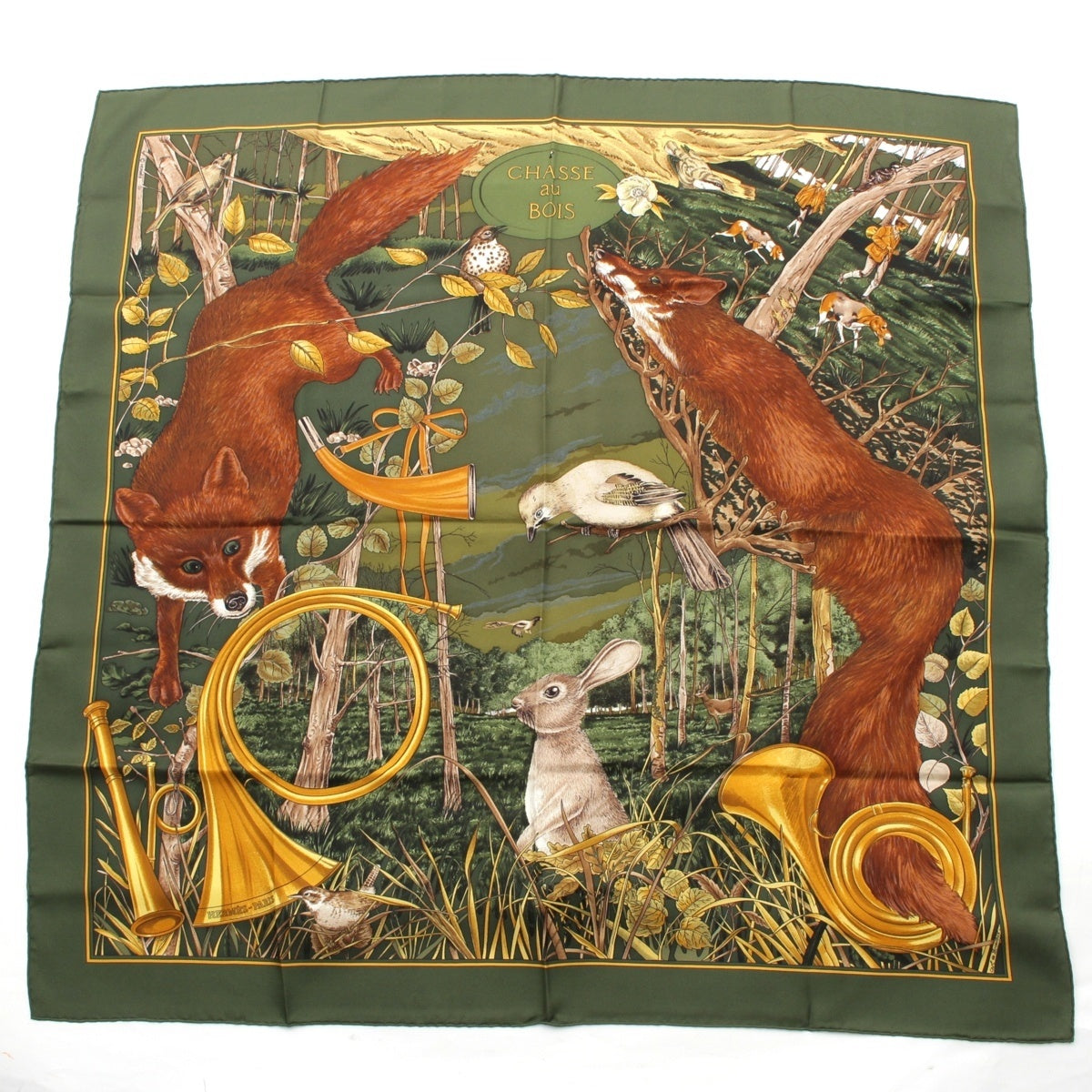 HERMES CHASSE au BOIS Forest Hunt Silk scarf green