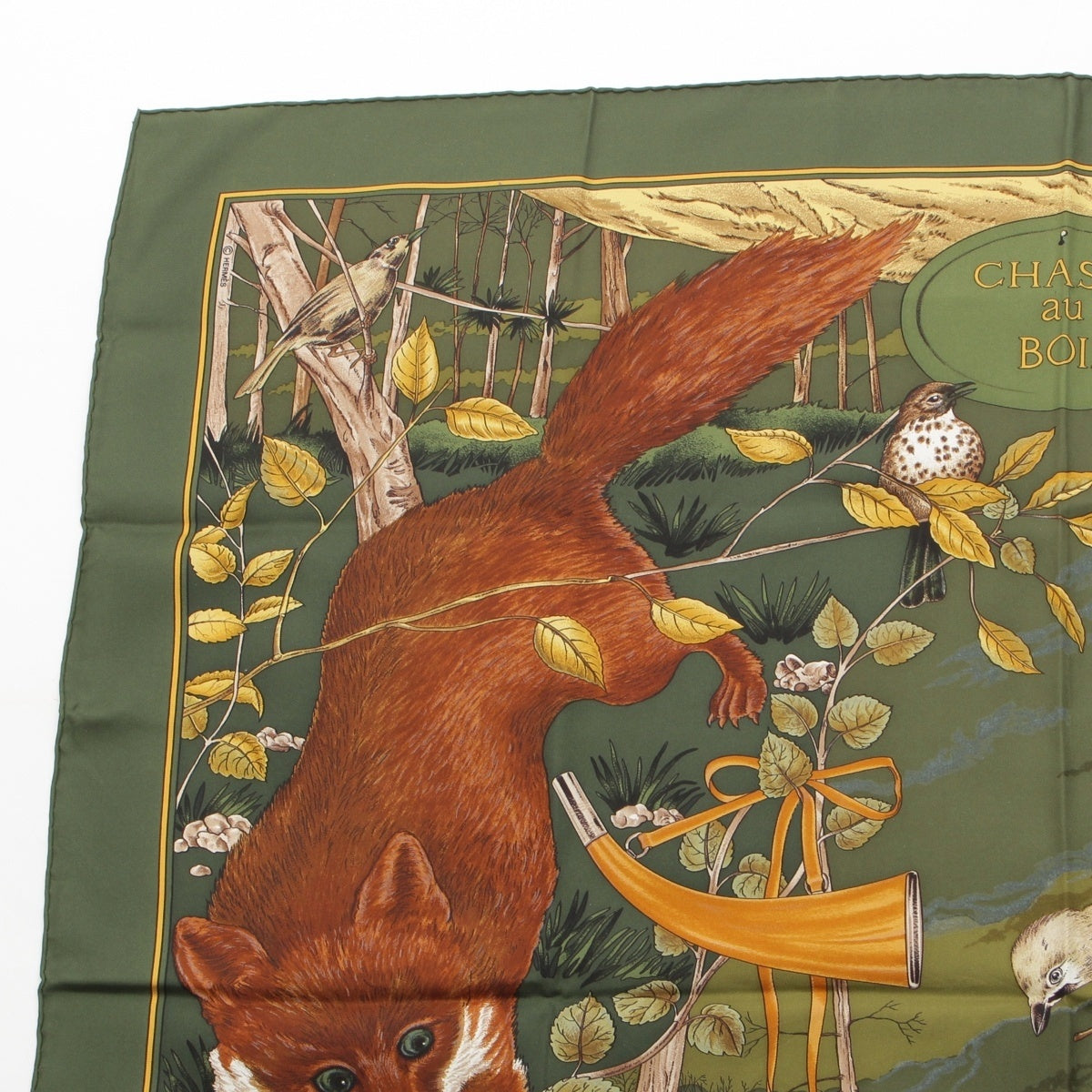 HERMES CHASSE au BOIS Forest Hunt Silk scarf green