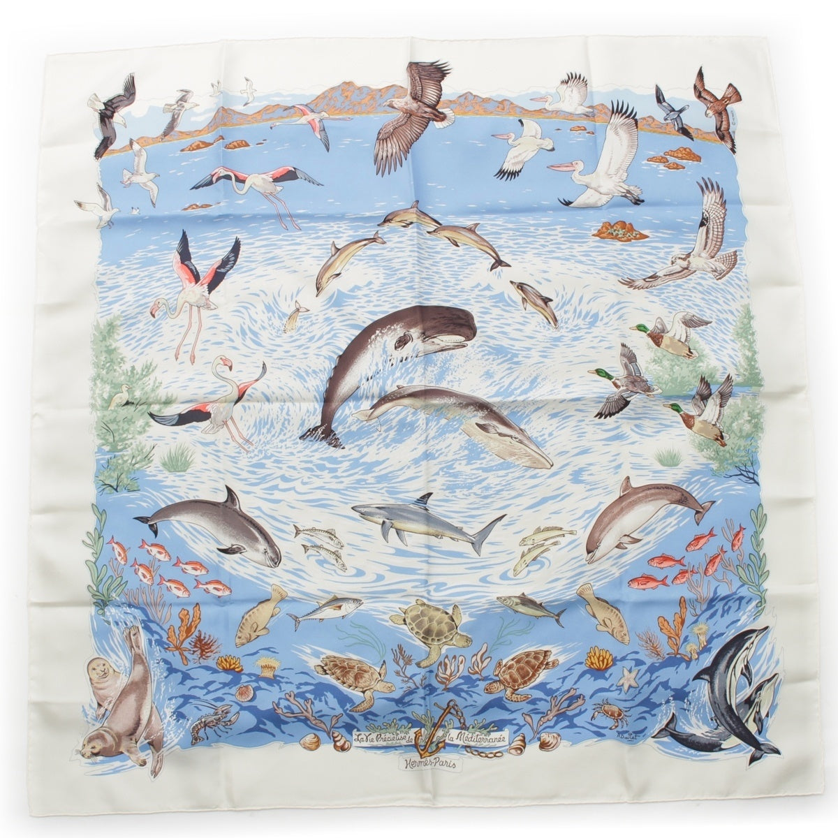 HERMES Carre 90 Lavie Precieuse de la Mediterranee Precious life in the Mediterranean silk scarf blue
