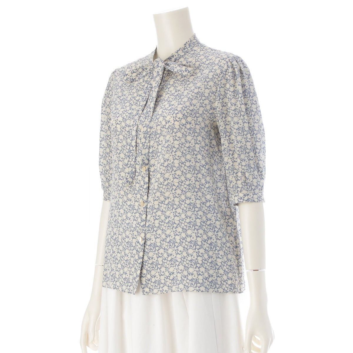 CELINE silk Floral Shirt blouse Top with bow tie Blue white 34