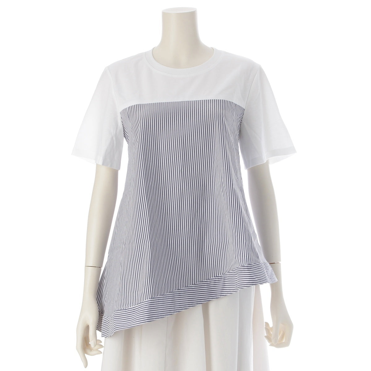 ADEAM cotton Greta Greta Mixed Material Docking Stripe Short sleeve T-shirt tops 45521 White blue 2