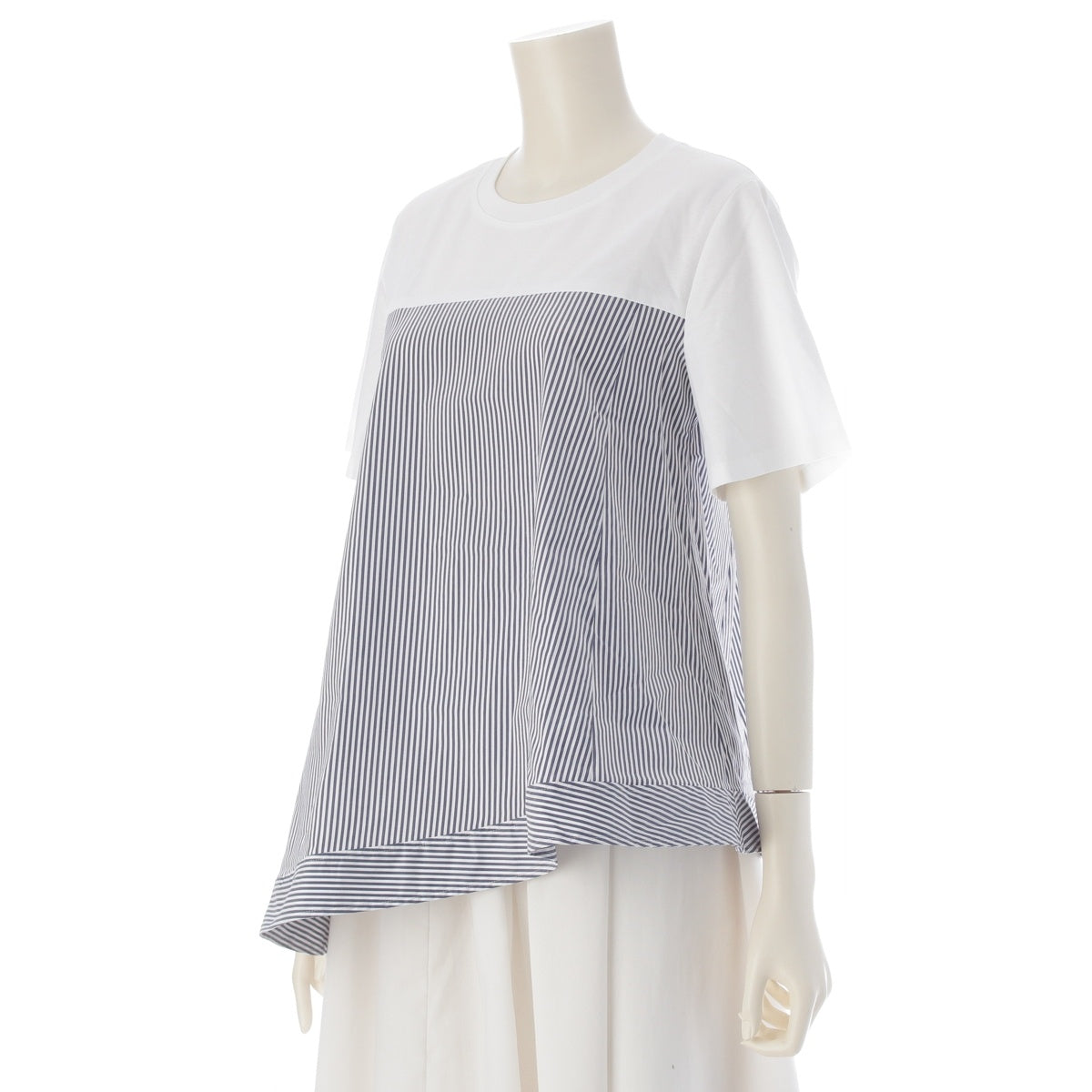 ADEAM cotton Greta Greta Mixed Material Docking Stripe Short sleeve T-shirt tops 45521 White blue 2