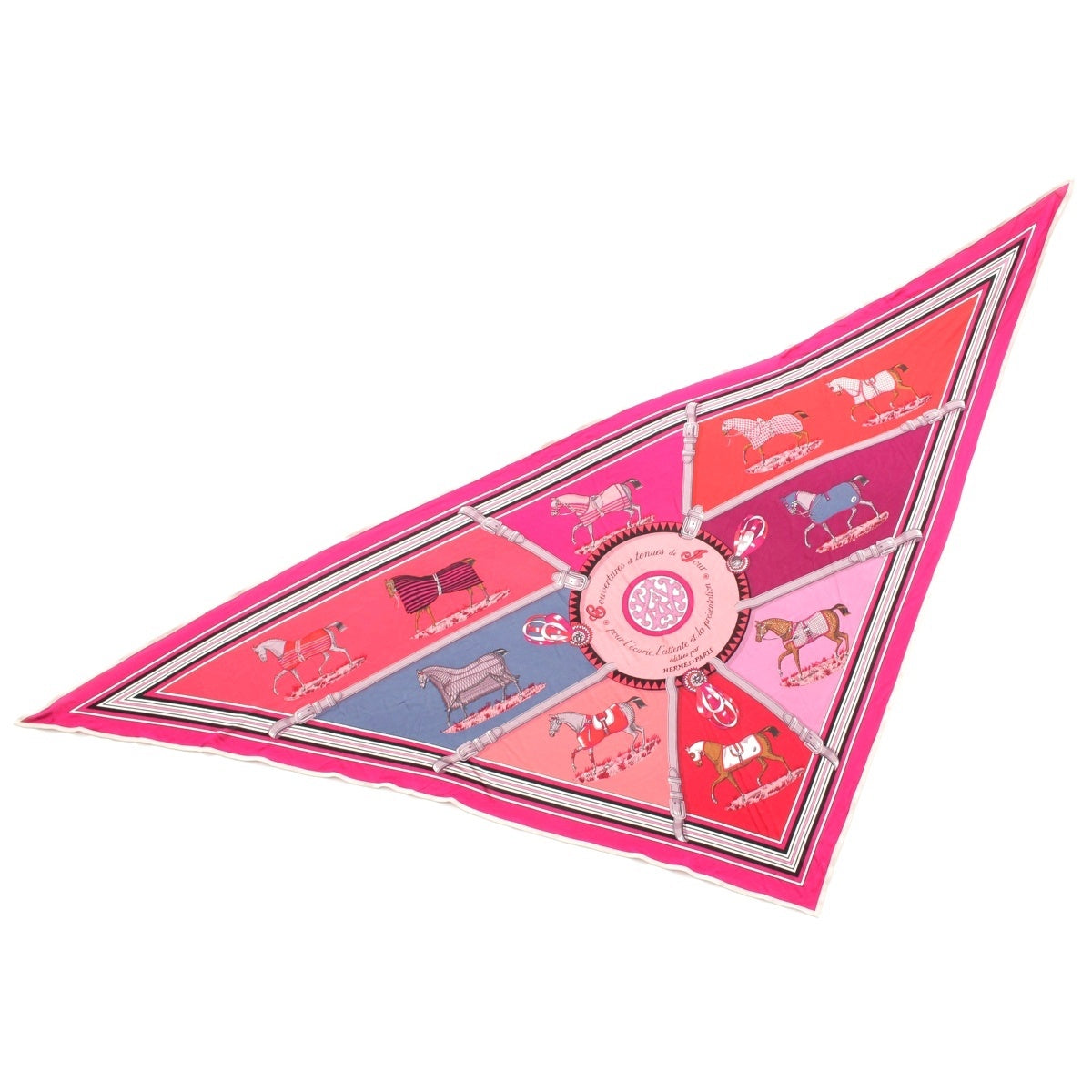 HERMES Couvertures et Tenues de Jour Horse blanket silk Triangle scarf Pink