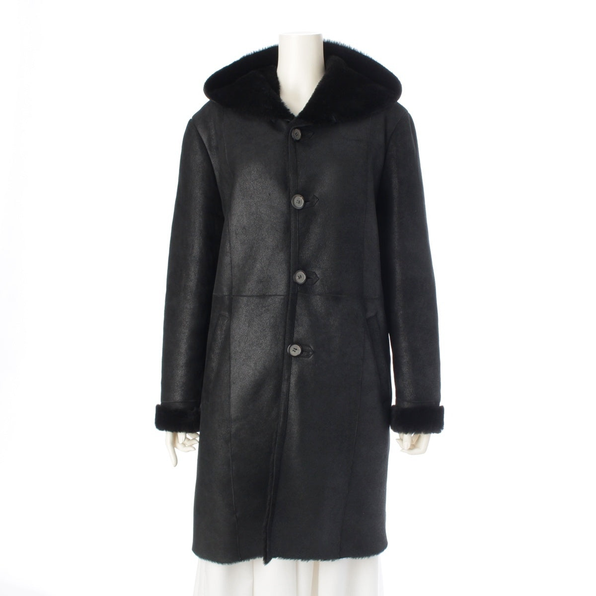 ESTNATION Mouton leather Hooded coat outer black M