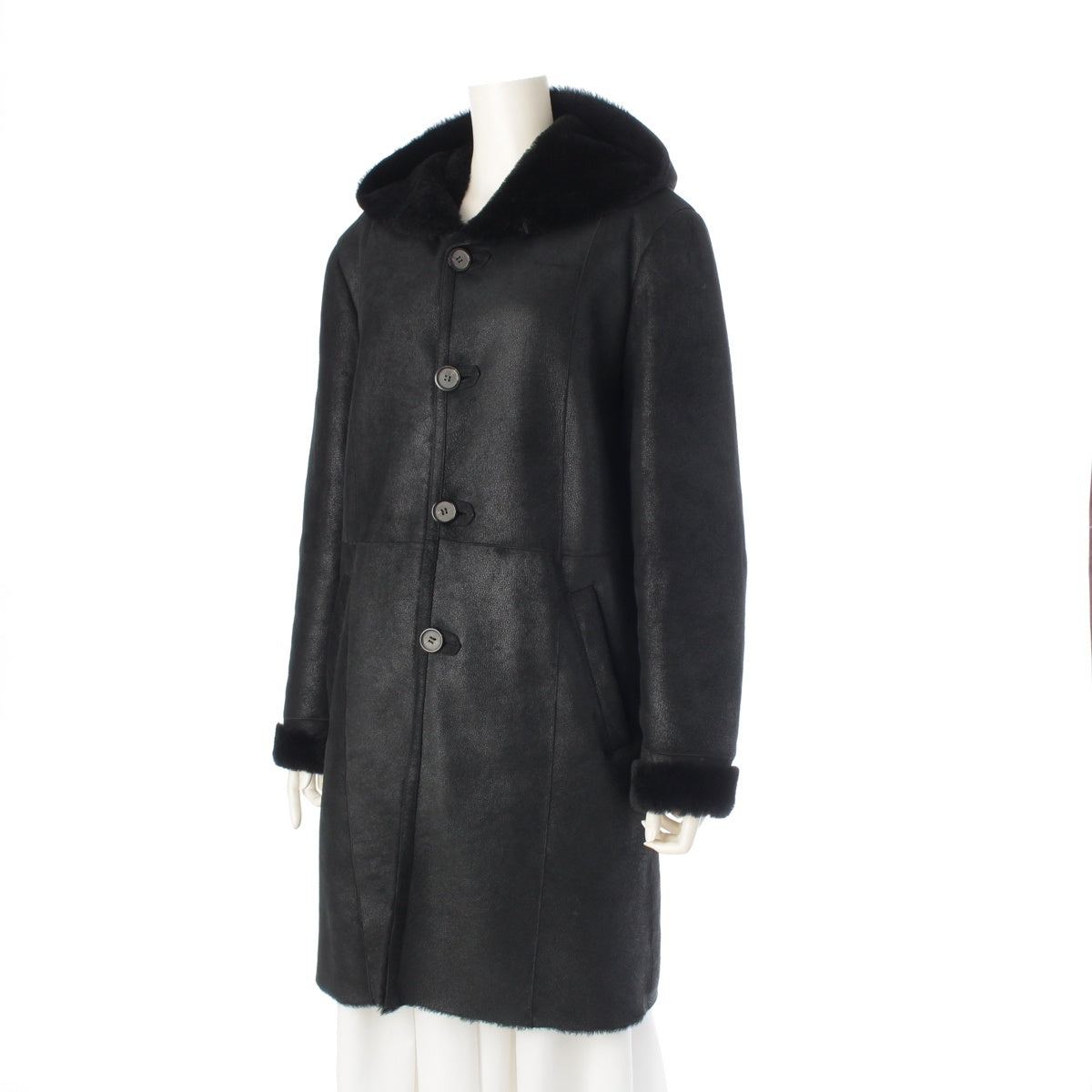 ESTNATION Mouton leather Hooded coat outer black M