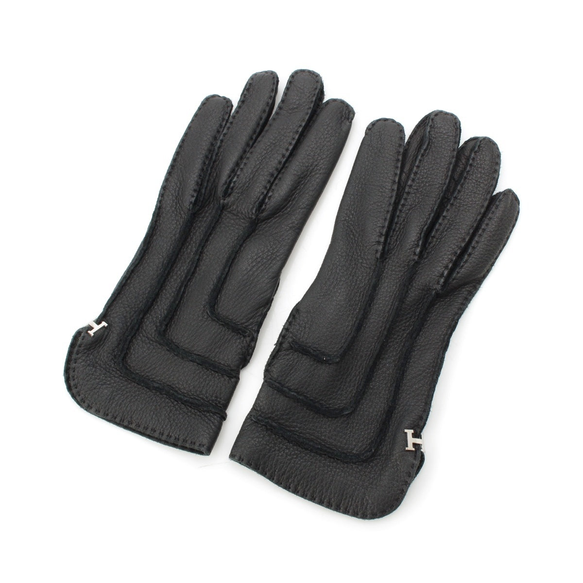 HERMES leather silk HMetal Gloves gloves black 6 1/2