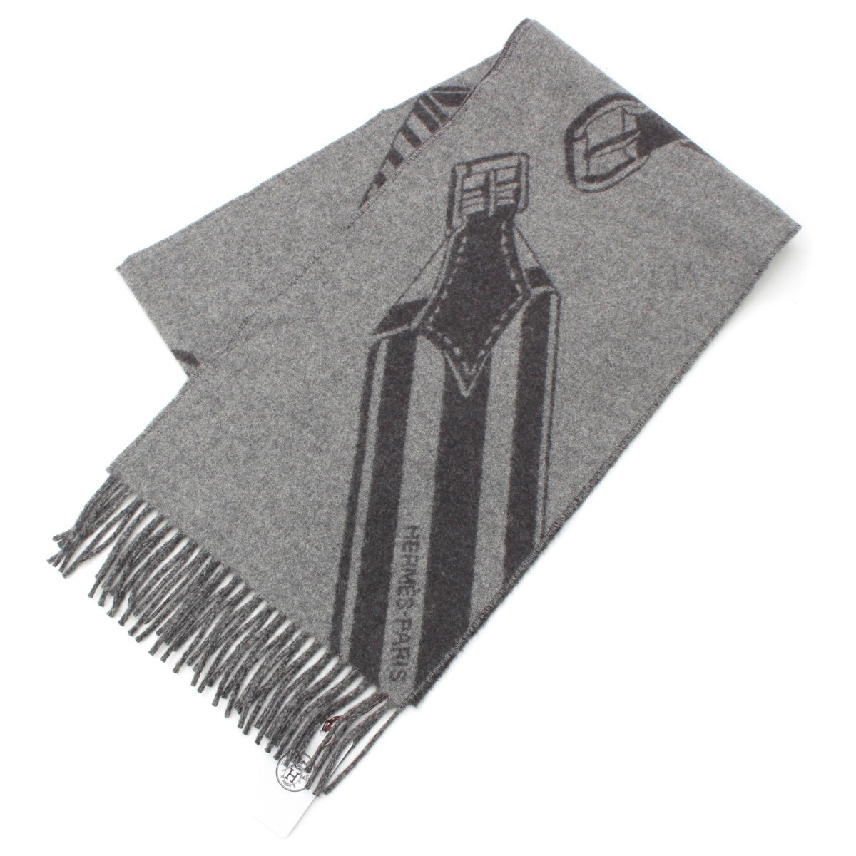 HERMES cashmere Zigzag sangle fringe Scarf gray