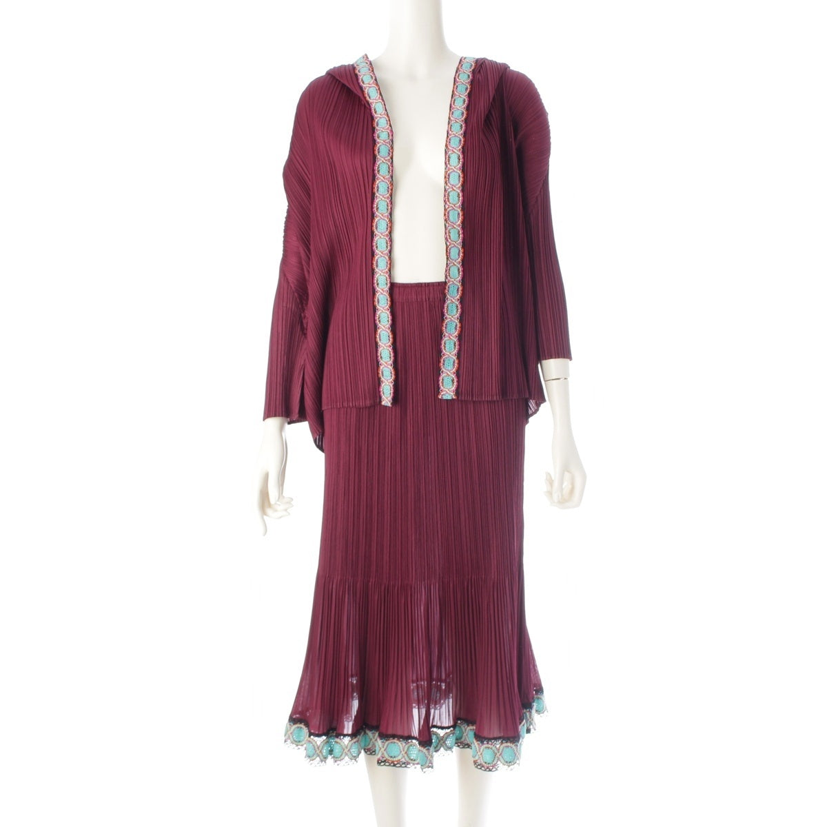 PLEATS PLEASE ISSEY Trim embroidered ethnic style hoodie Skirt setup PP73-JG573/JG575 Wine Red Multicolor 3/1