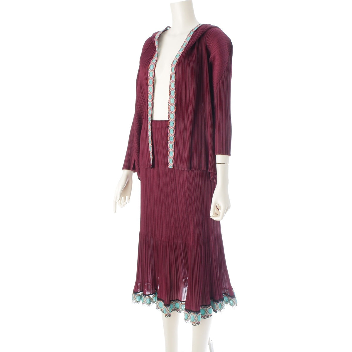 PLEATS PLEASE ISSEY Trim embroidered ethnic style hoodie Skirt setup PP73-JG573/JG575 Wine Red Multicolor 3/1