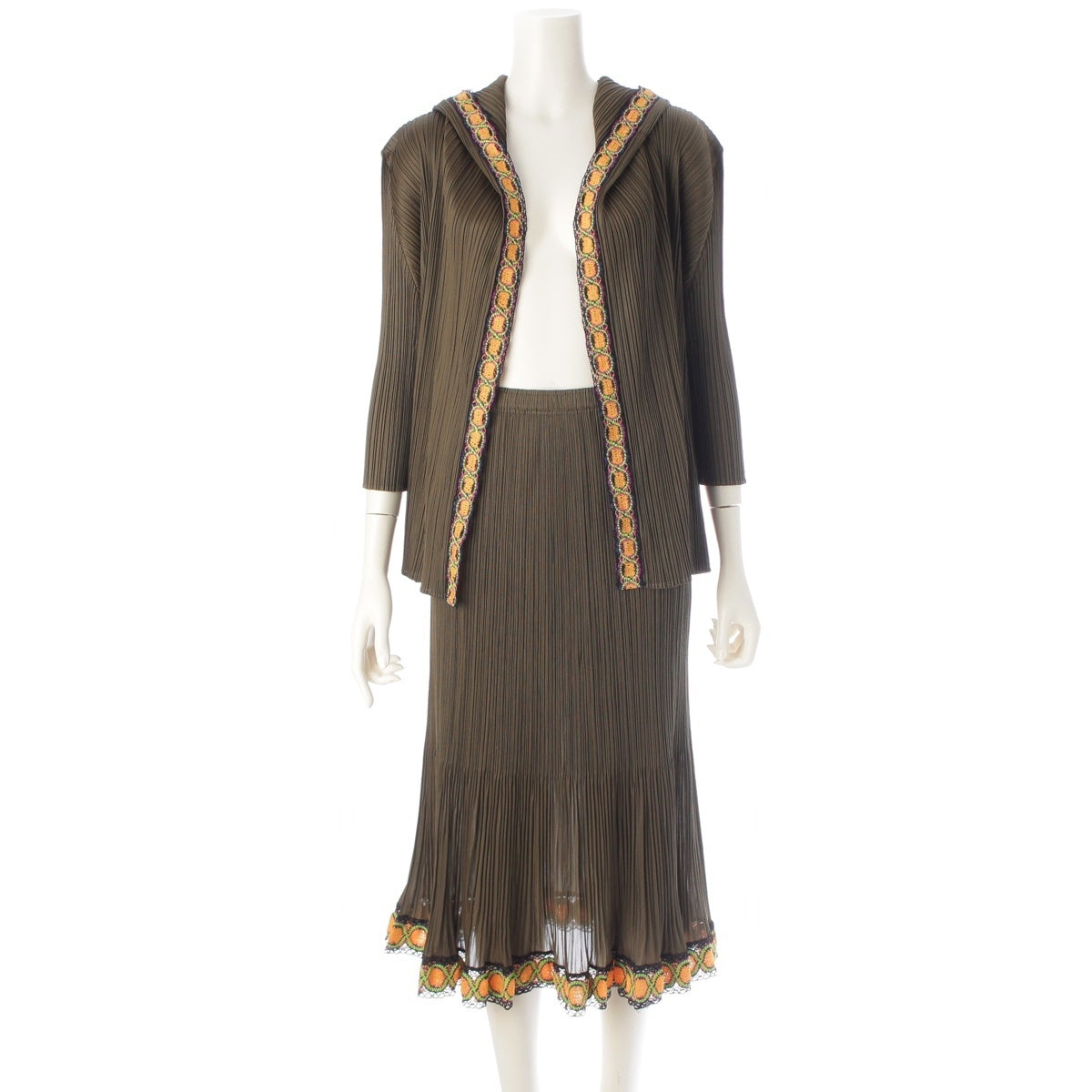 PLEATS PLEASE ISSEY Trim embroidered ethnic style hoodie Skirt setup PP73-JC573/JG575 Khaki Olive Multicolor 4/1