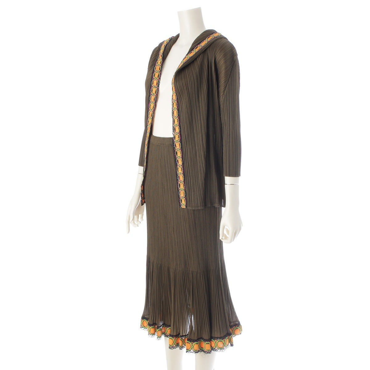 PLEATS PLEASE ISSEY Trim embroidered ethnic style hoodie Skirt setup PP73-JC573/JG575 Khaki Olive Multicolor 4/1