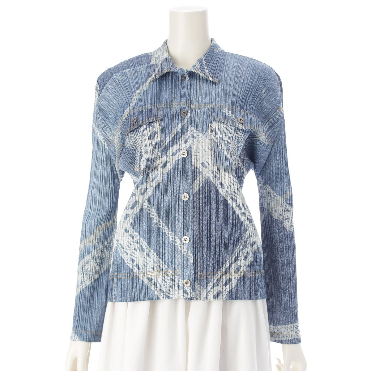 ISSEY MIYAKE Denim Transfer Cross Chain Check Motif Long Sleeve Jacket PP61-JD603 Ice Blue White 3