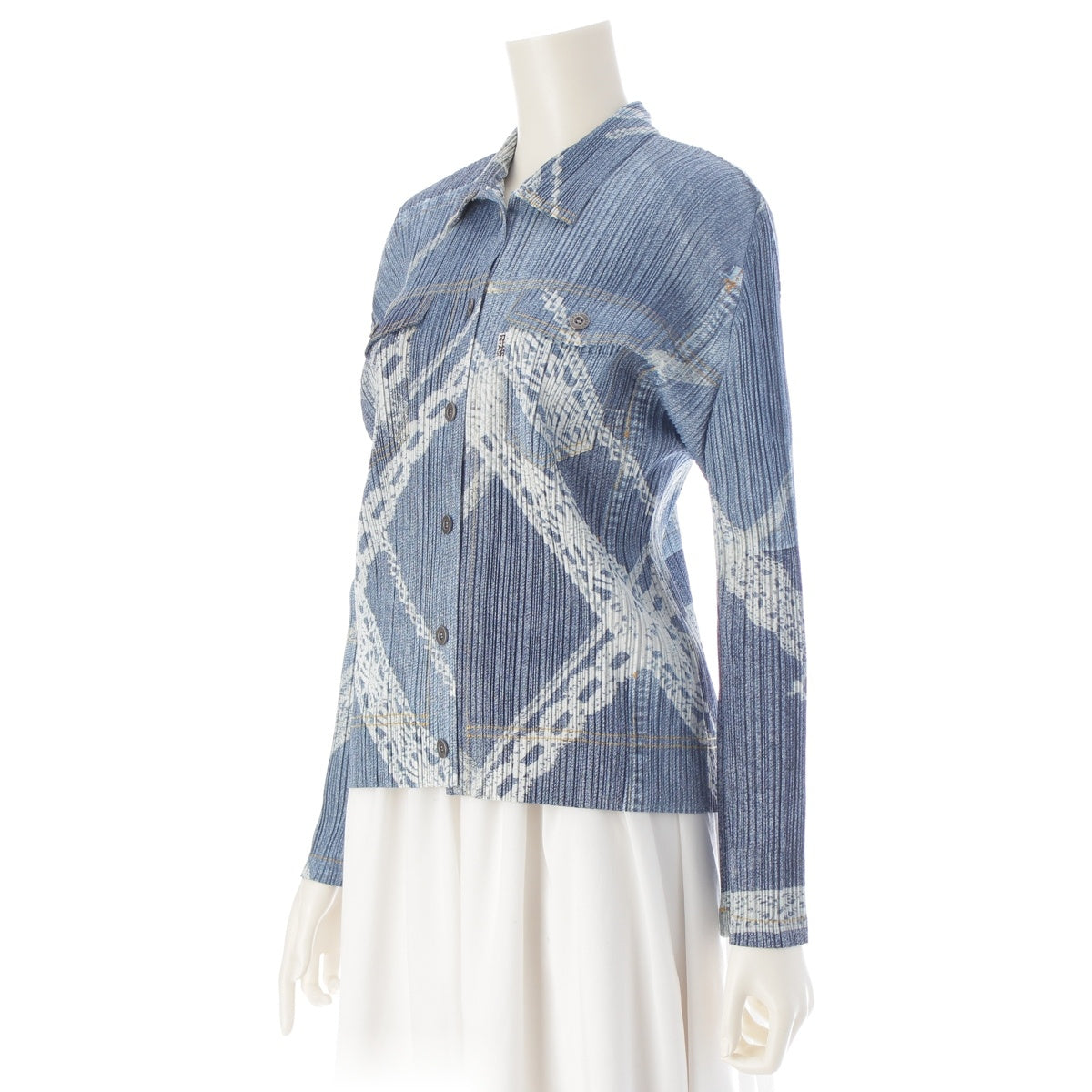 ISSEY MIYAKE Denim Transfer Cross Chain Check Motif Long Sleeve Jacket PP61-JD603 Ice Blue White 3