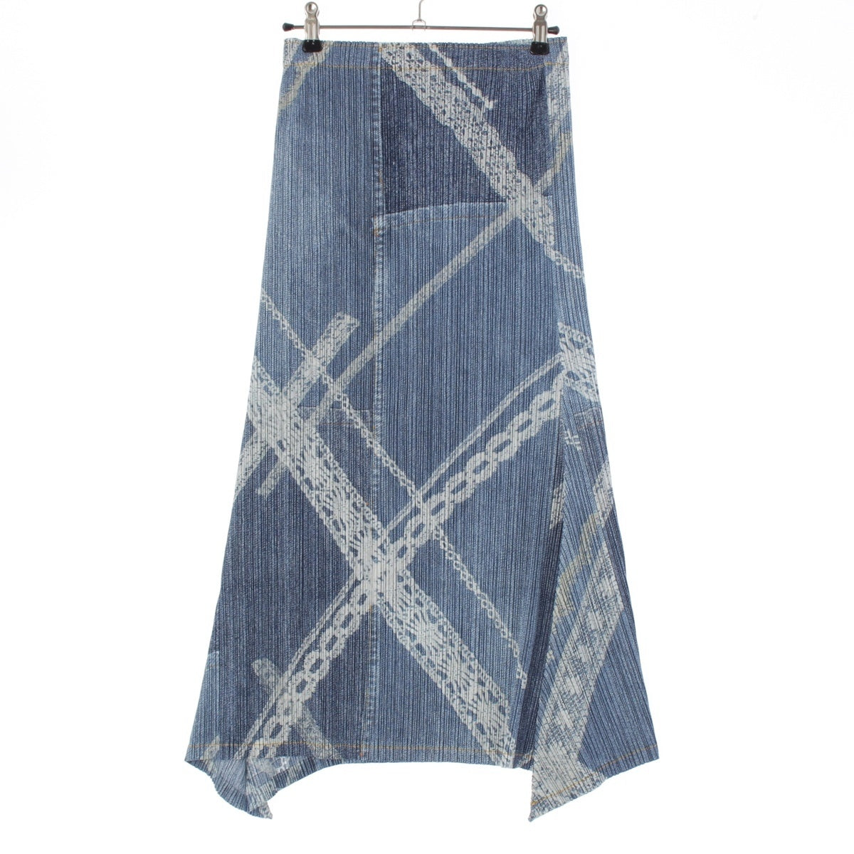 PLEATS PLEASE ISSEY Denim Transfer Cross Chain Check Motif Flare Long skirt PP61-JG605 Ice Blue White 1