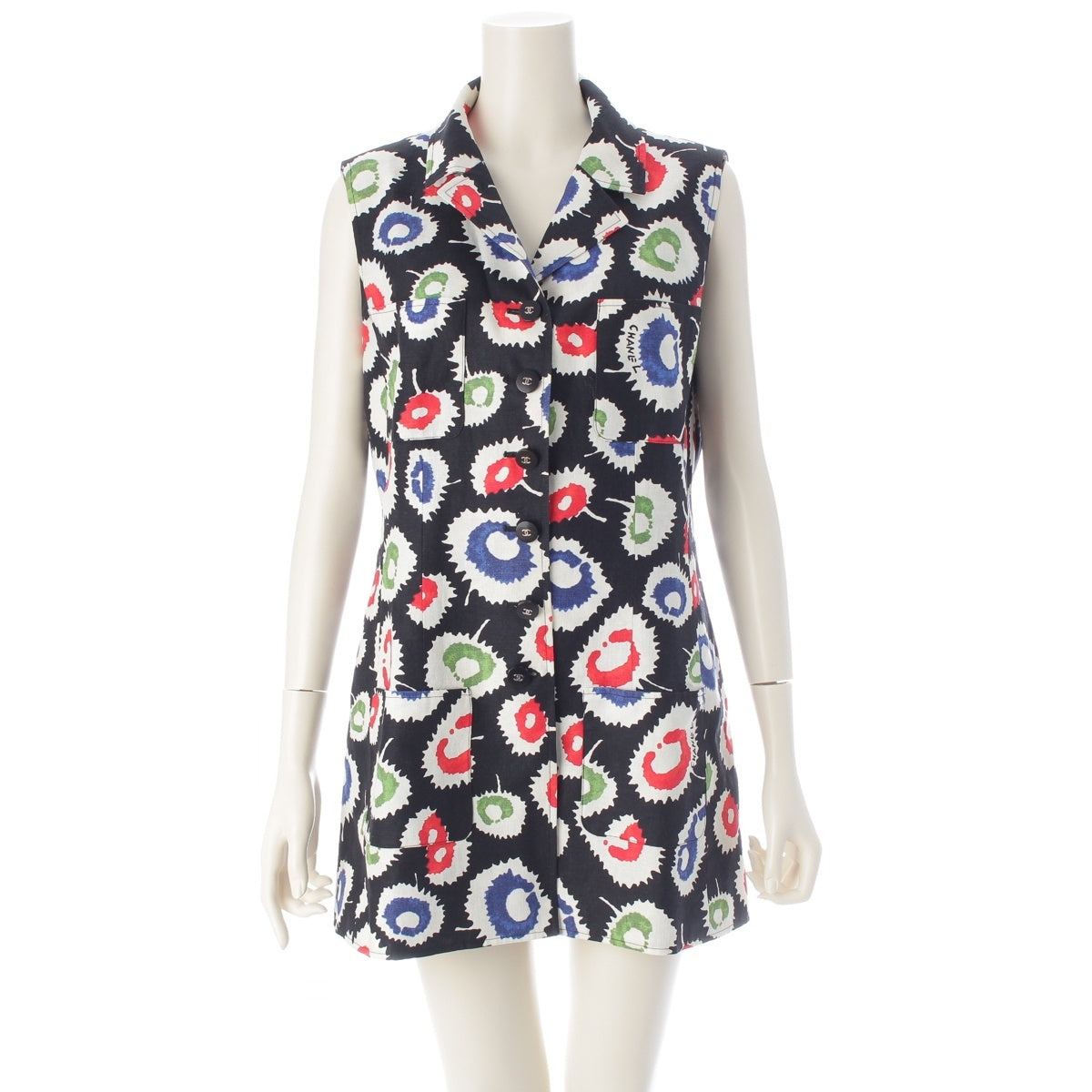 CHANEL linen COCO Button logo all-over print linen sleeveless top one piece P09006 multicolor 42