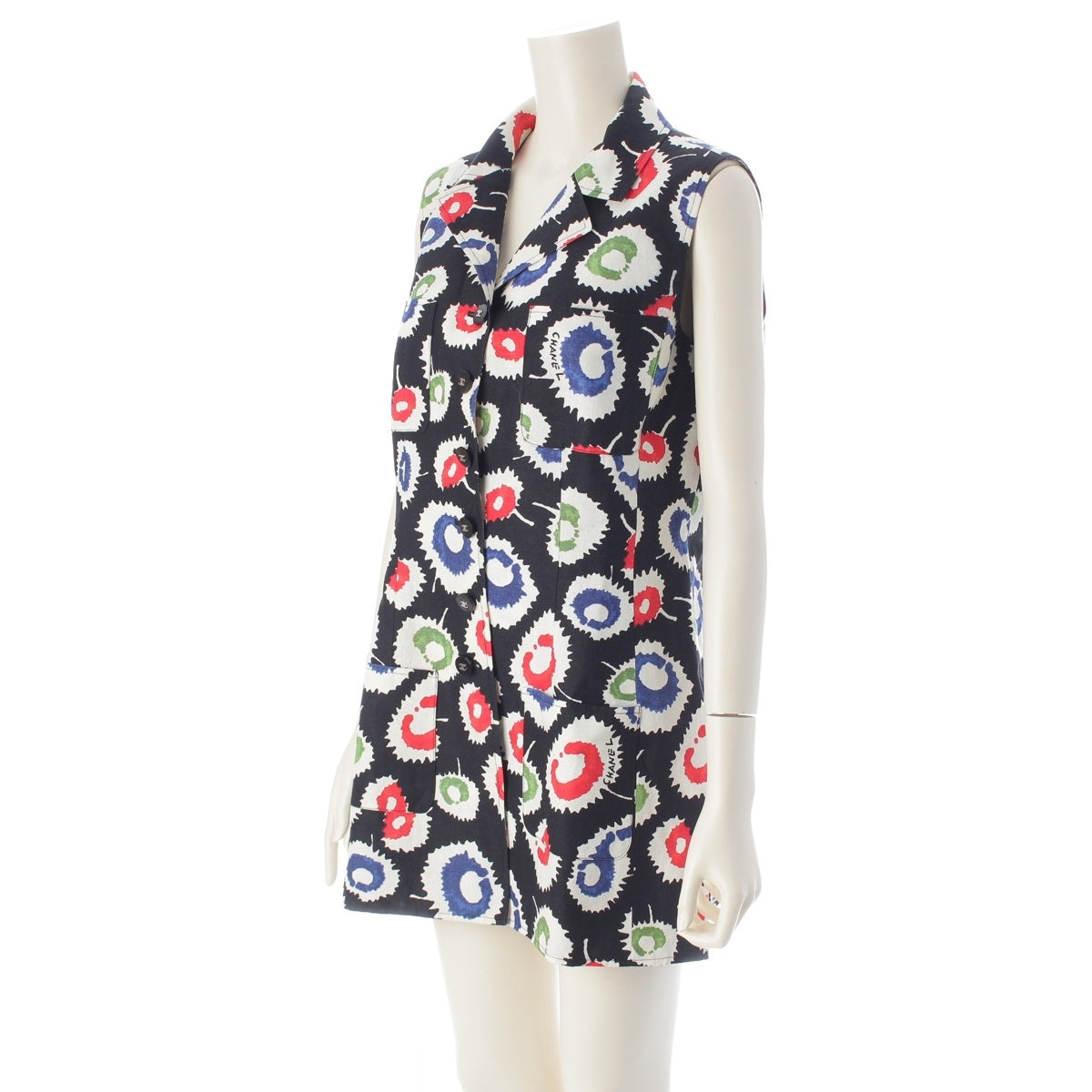 CHANEL linen COCO Button logo all-over print linen sleeveless top one piece P09006 multicolor 42