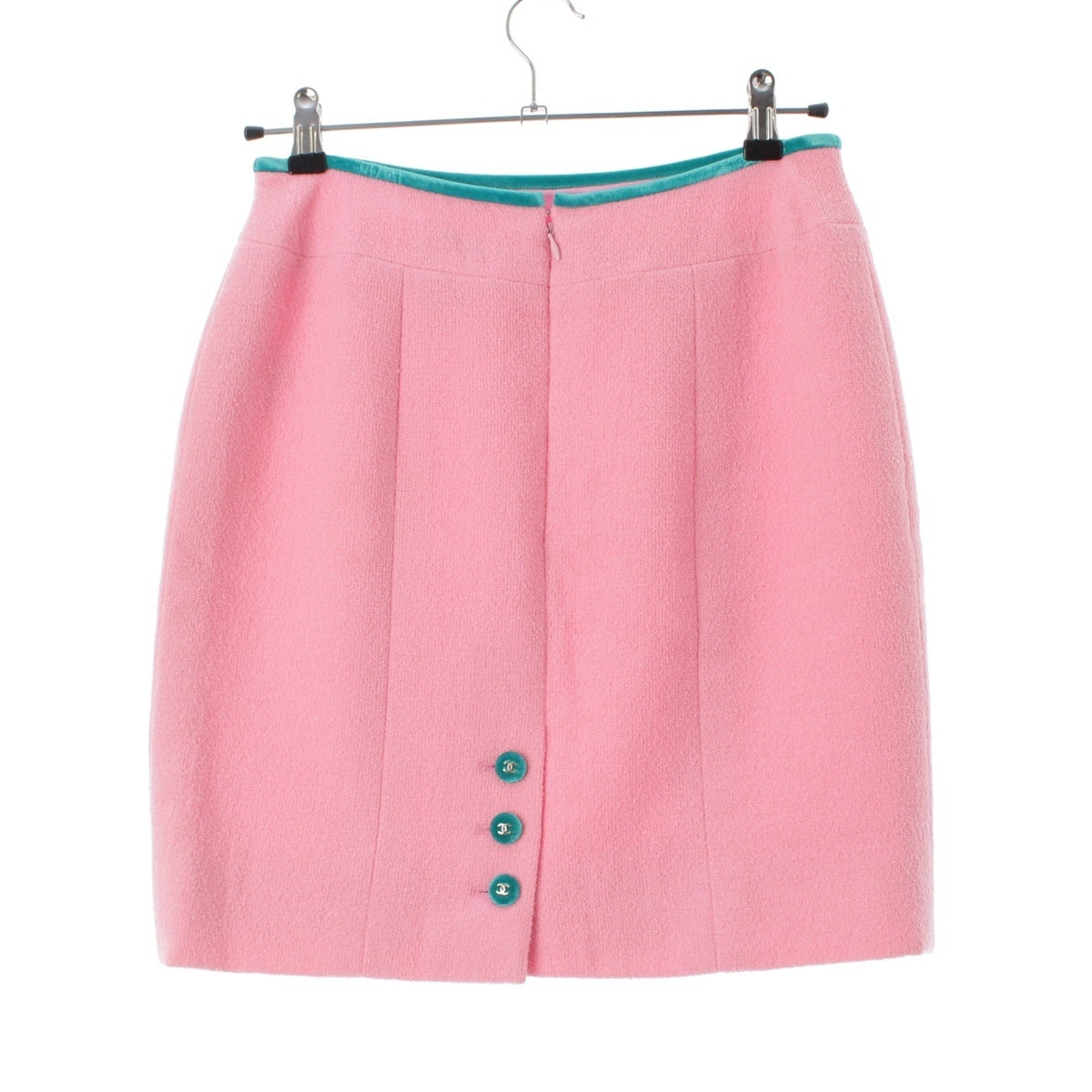 CHANEL wool COCO Button Velvet Trim Tweed skirt P07023 Pink Turquoise 40