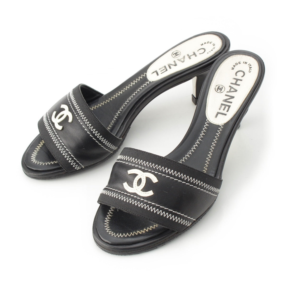 CHANEL leather COCO Mark Mule Black x white 35 1/2