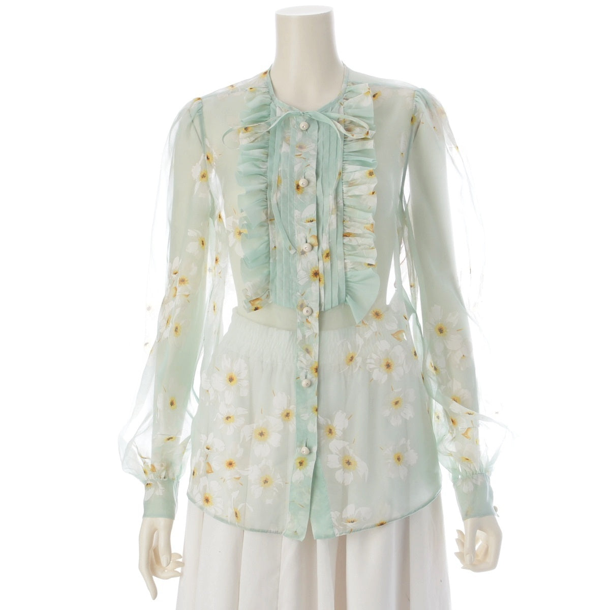 VALENTINO silk Floral Print Ribbon Ruffle blouse Long Sleeve Shirt Tops Mint green 38