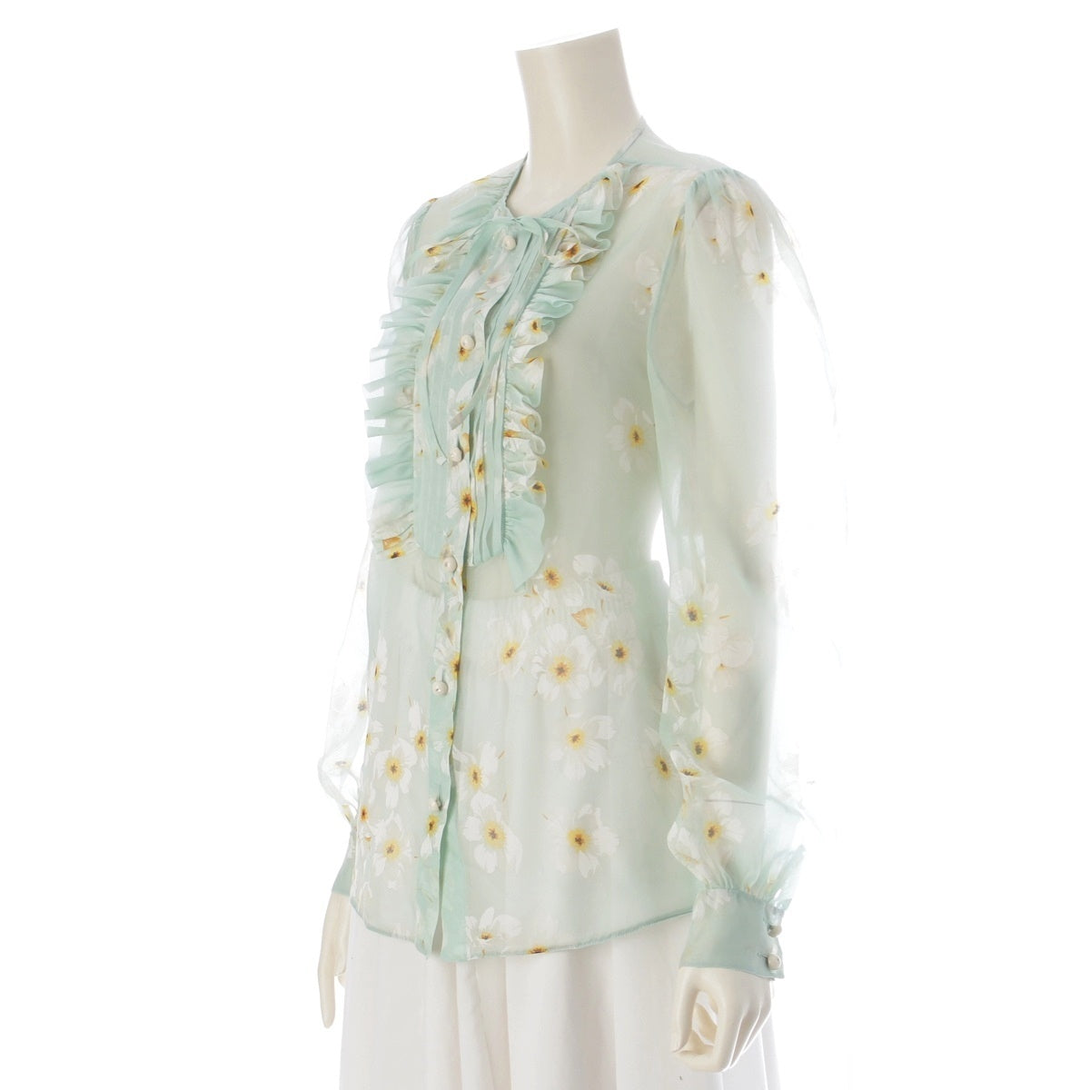 VALENTINO silk Floral Print Ribbon Ruffle blouse Long Sleeve Shirt Tops Mint green 38