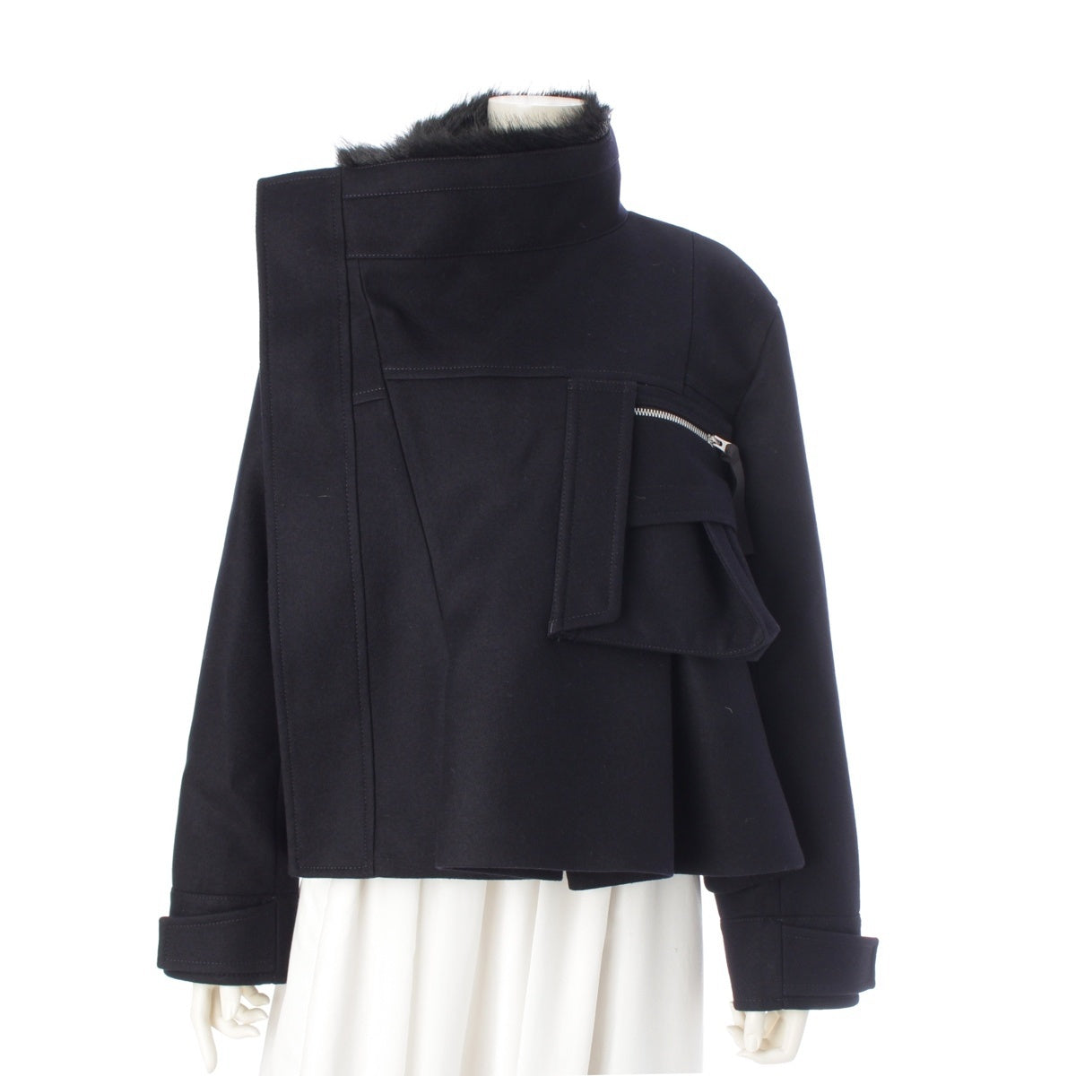 Sacai wool Melton Asymmetrical Blouson Jacket outerwear 25-08068 Navy black 2