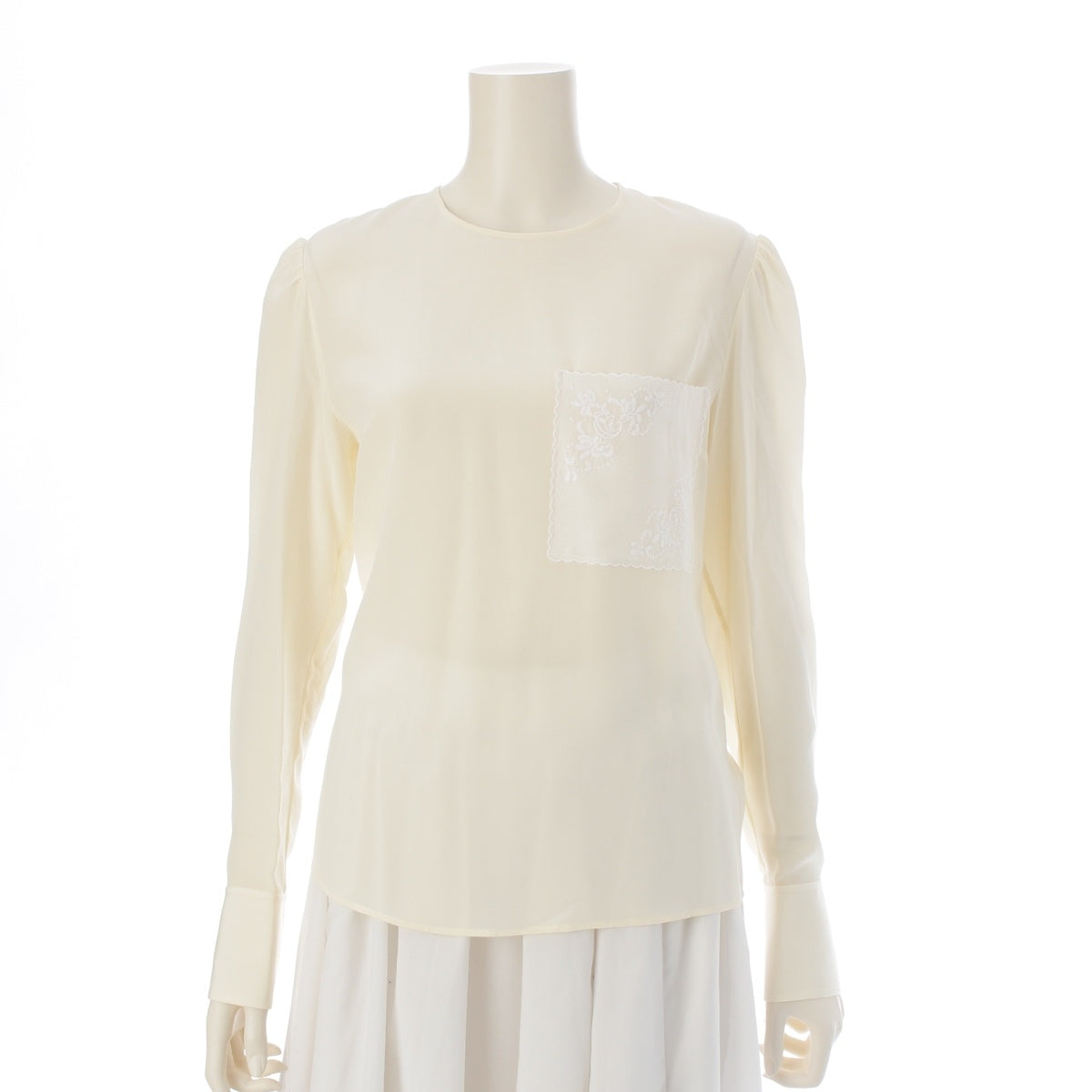 Chloe silk Logo embroidered pocket crew neck sheer shirt blouse CHC22SHT2300411534 Ivory 34