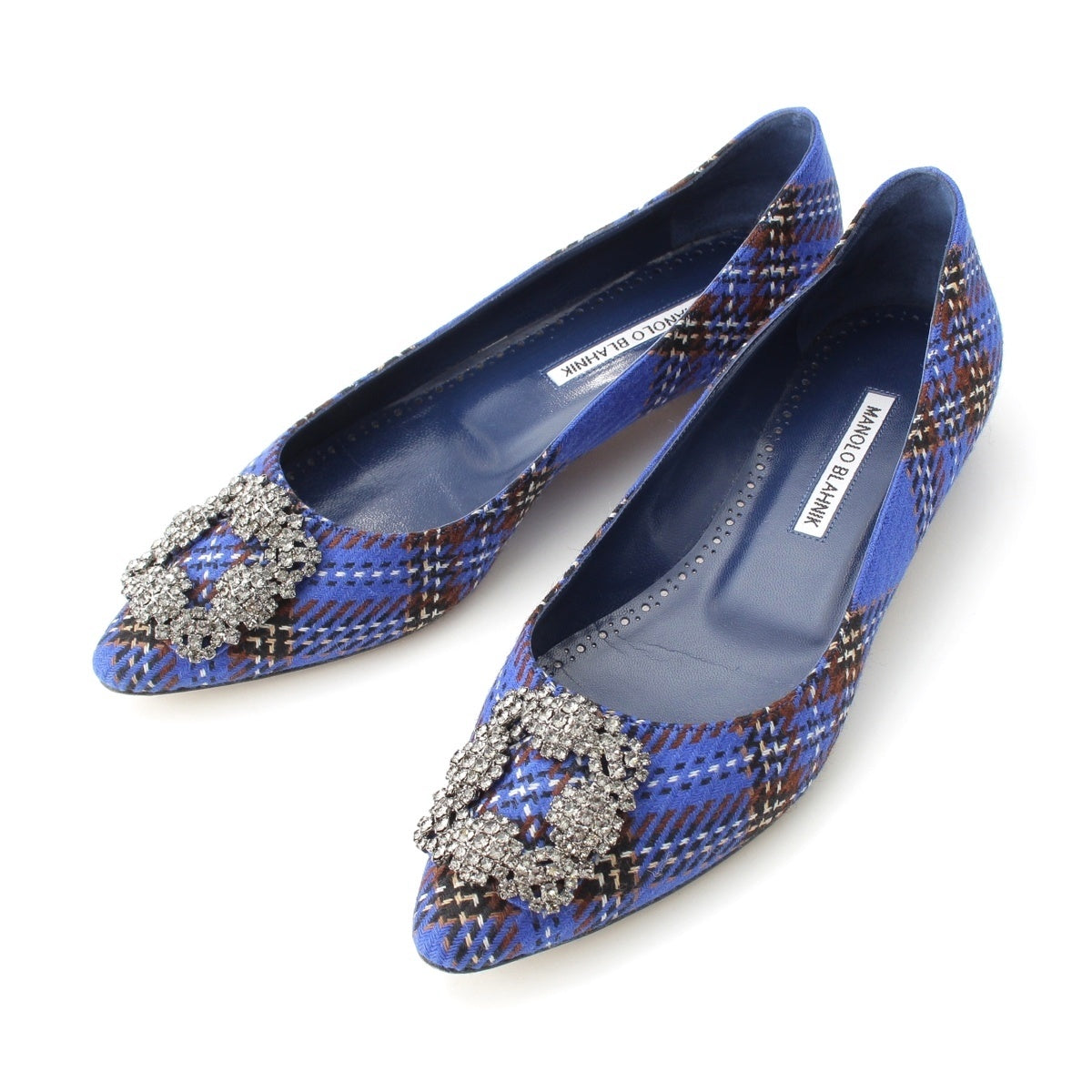 MANOLO BLAHNIK wool Hangisi Zip Pattern Jewel Buckle Flats pumps shoes Blue brown 38 1/2