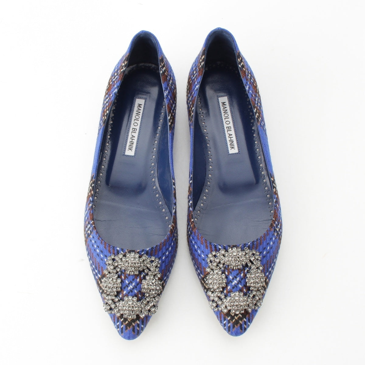 MANOLO BLAHNIK wool Hangisi Zip Pattern Jewel Buckle Flats pumps shoes Blue brown 38 1/2
