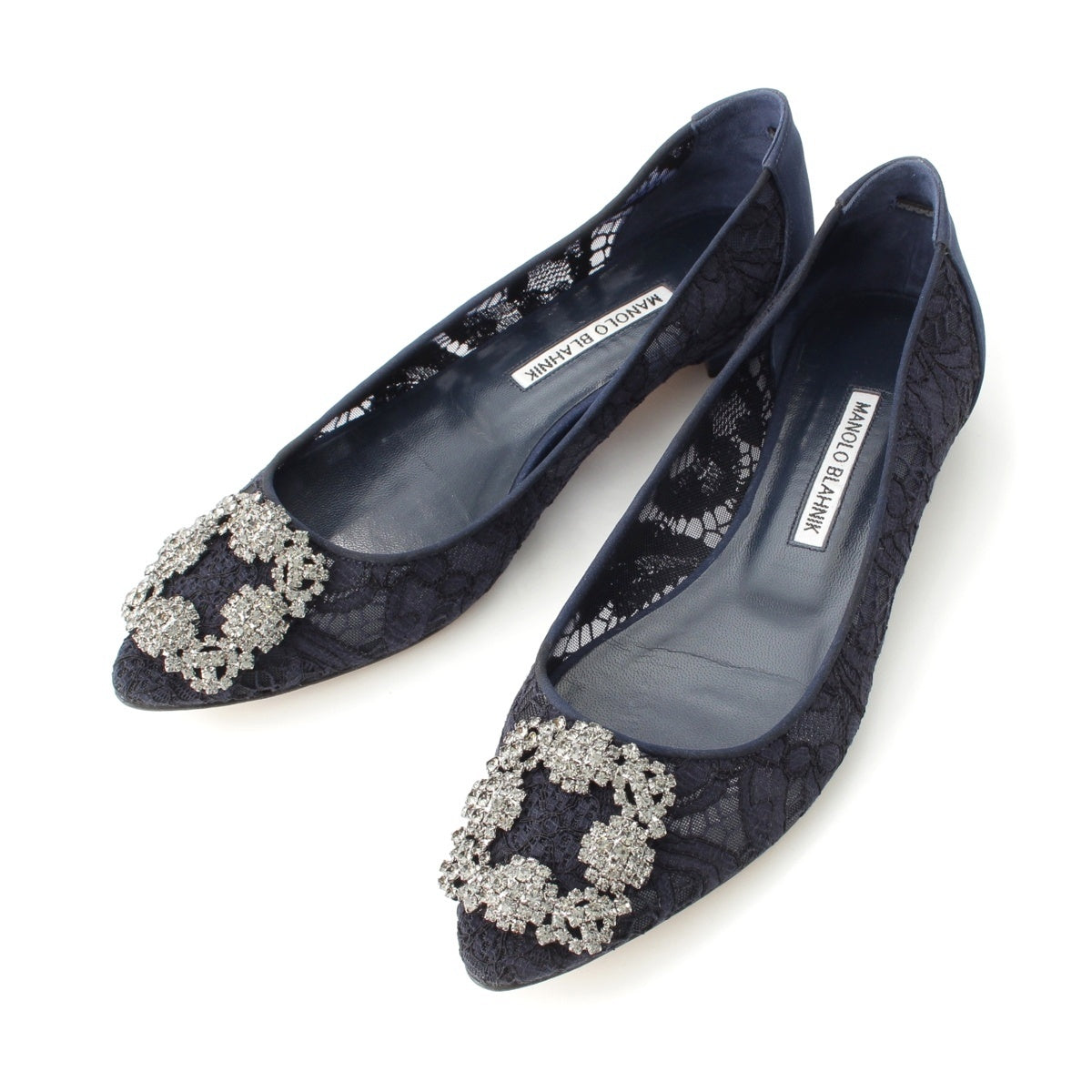 MANOLO BLAHNIK Hangisi lace jeweled buckle flats pumps shoes Navy 38 1/2