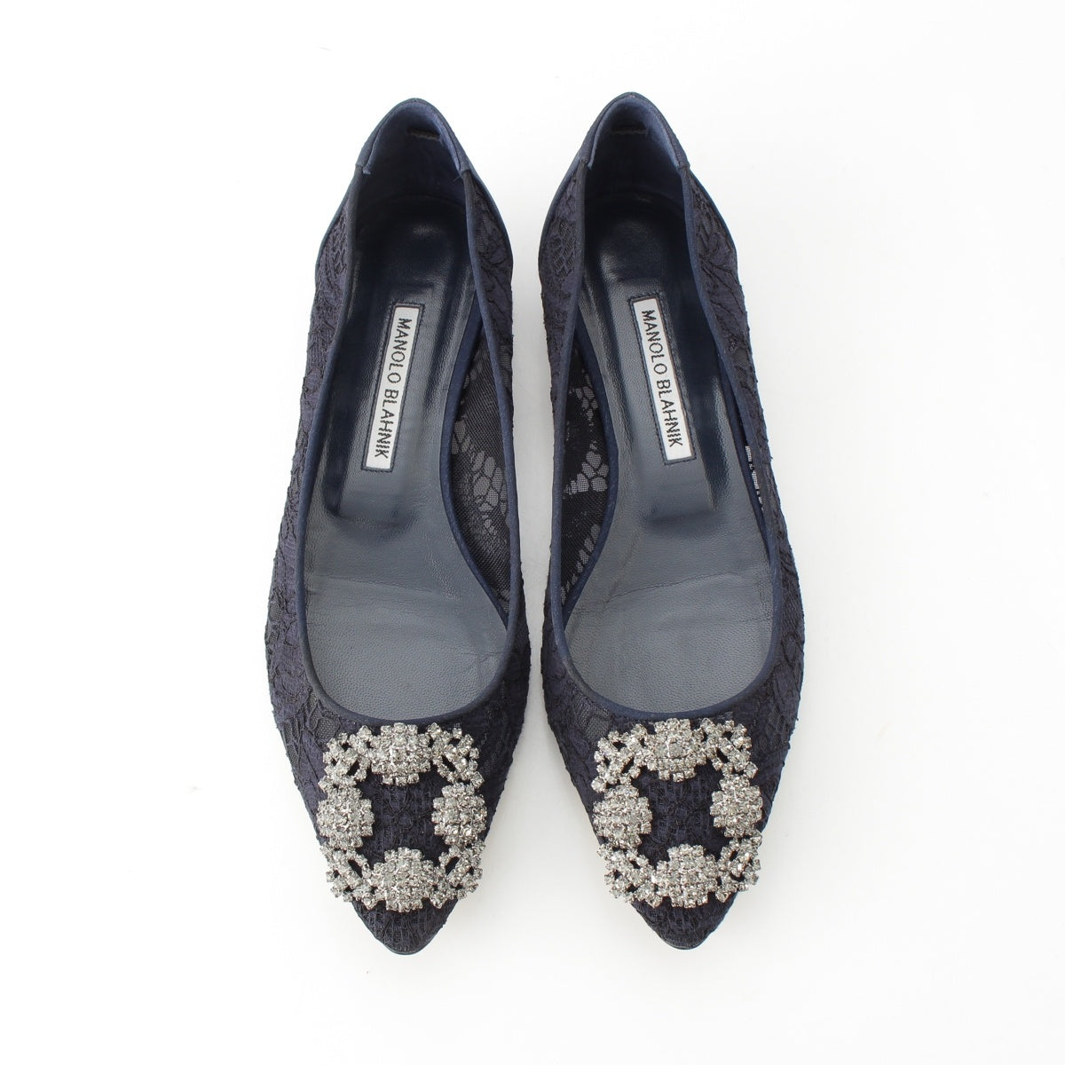 MANOLO BLAHNIK Hangisi lace jeweled buckle flats pumps shoes Navy 38 1/2