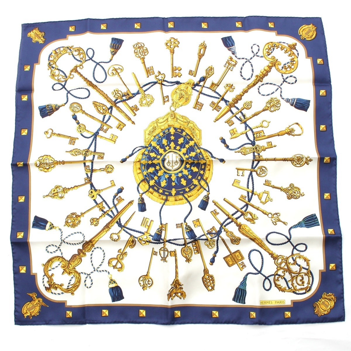 HERMES silk Carre 90 LES CLES key scarf blue
