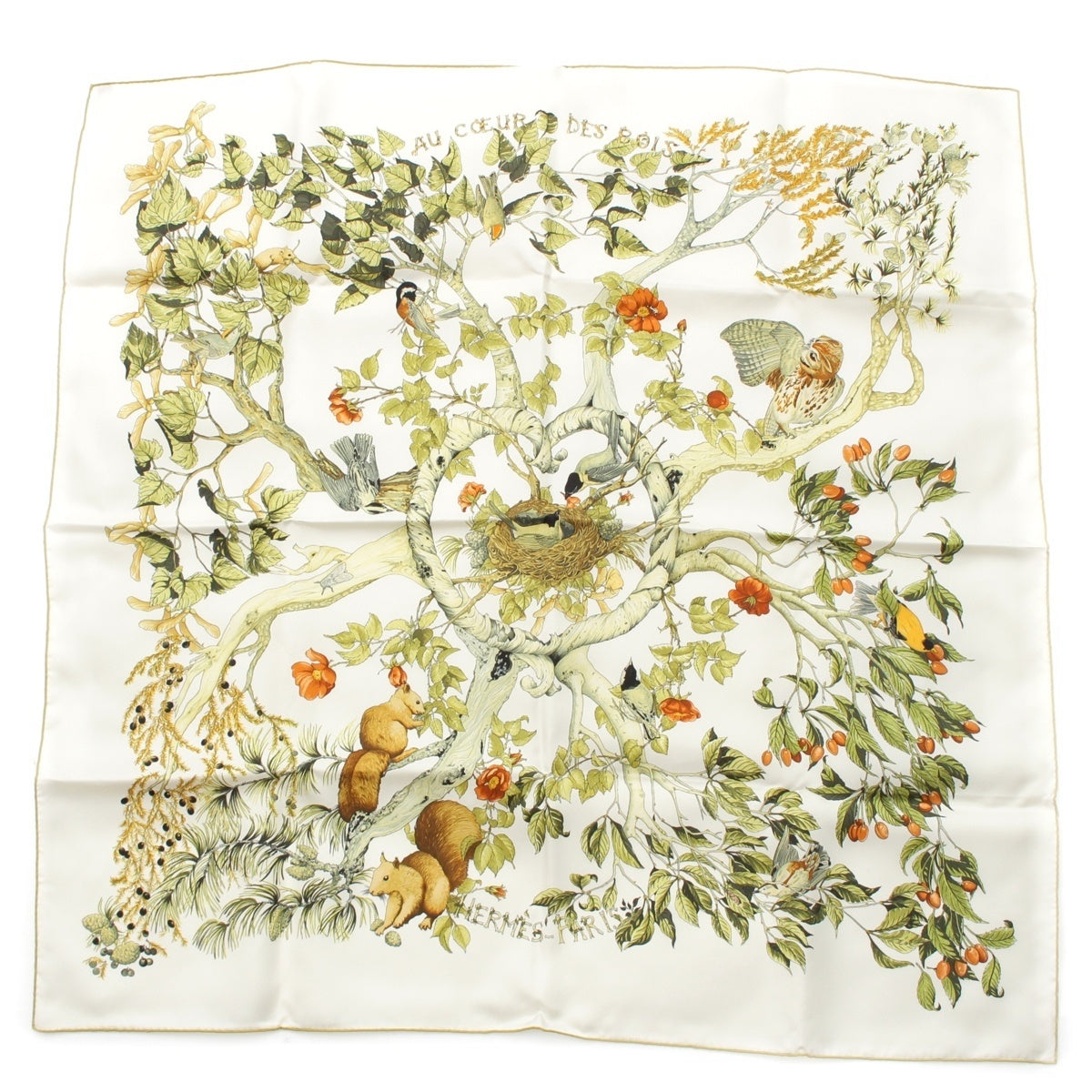 HERMES Carre90 AU COEUR DES BOIS 森の中で silk scarf Brown