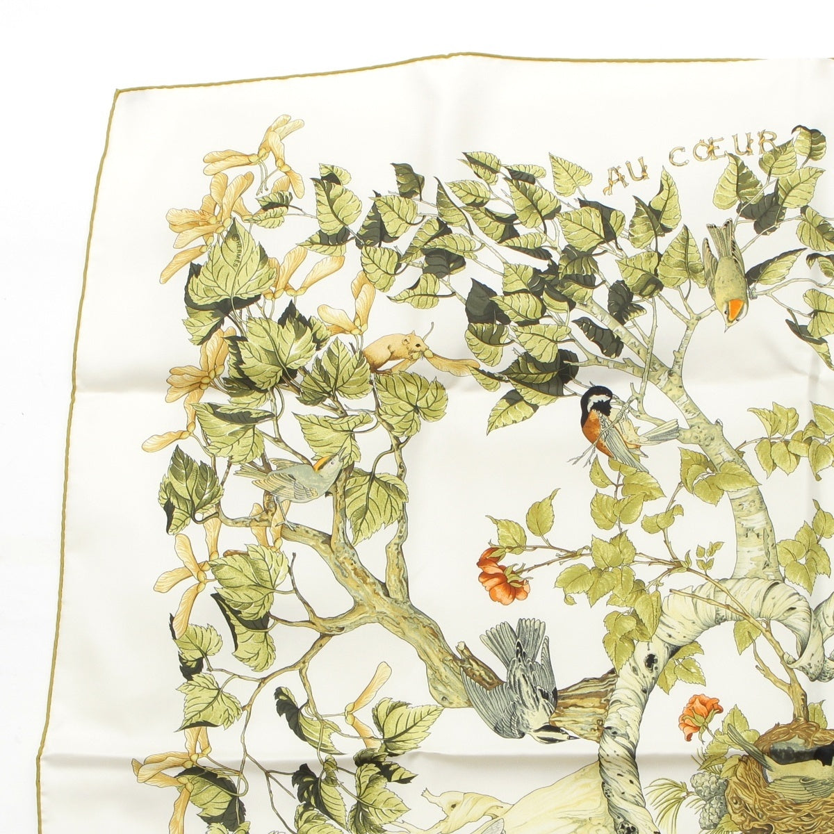 HERMES Carre90 AU COEUR DES BOIS 森の中で silk scarf Brown