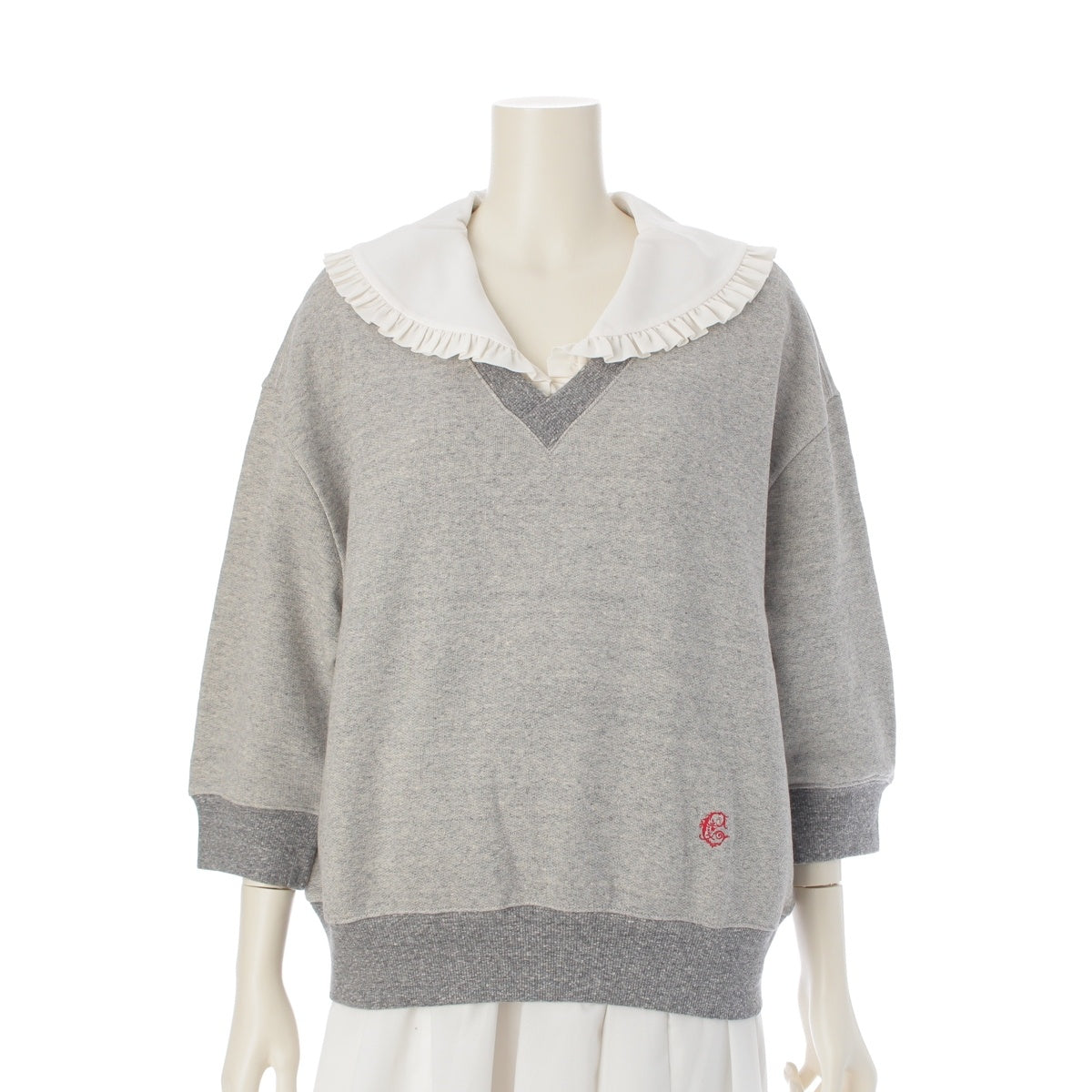Chloe cotton Embroidered logo, ruffle collar, crew neck sweat tops CH25WJ17194060M Gray white M